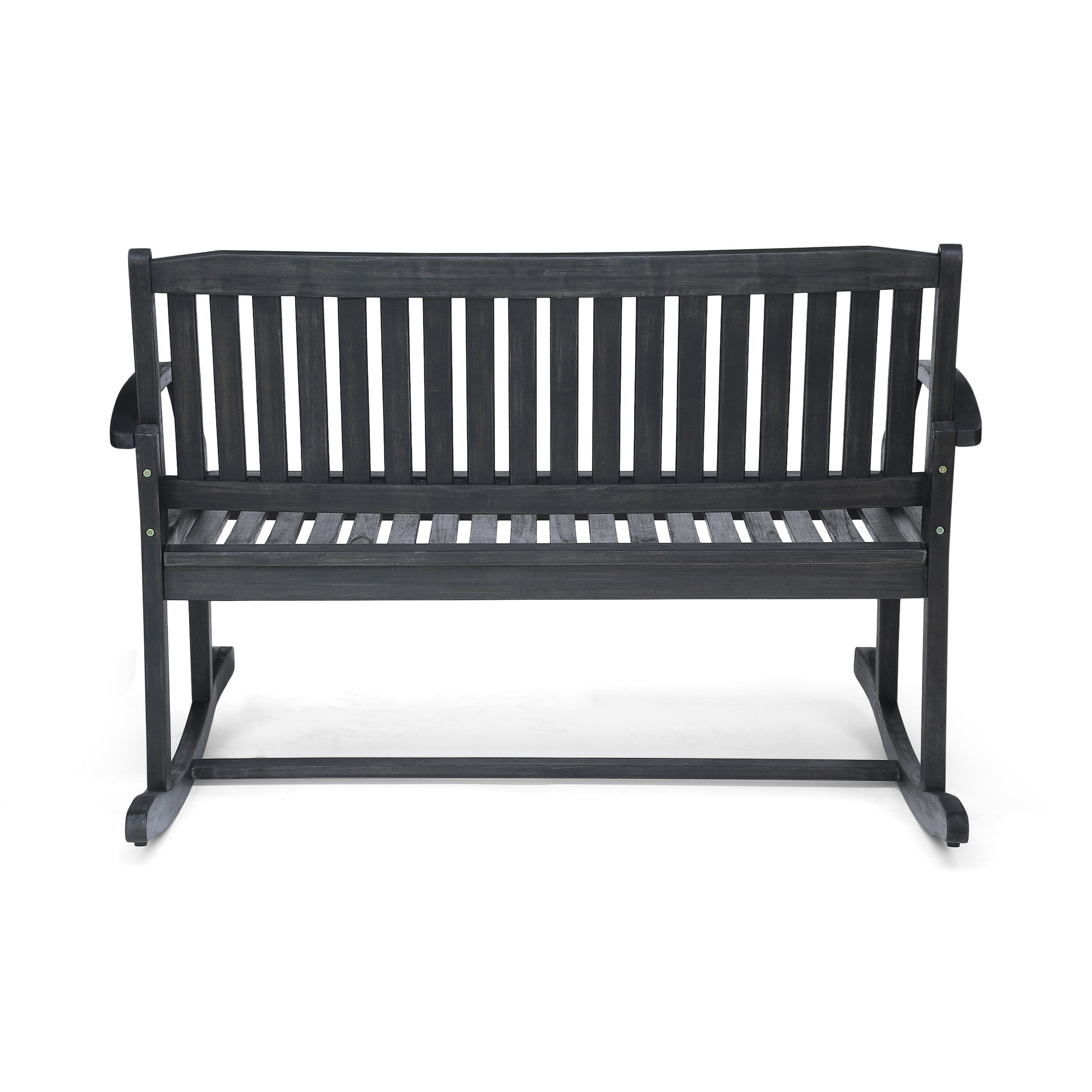 Dark gray wooden rocking garden bench with slatted seat and back