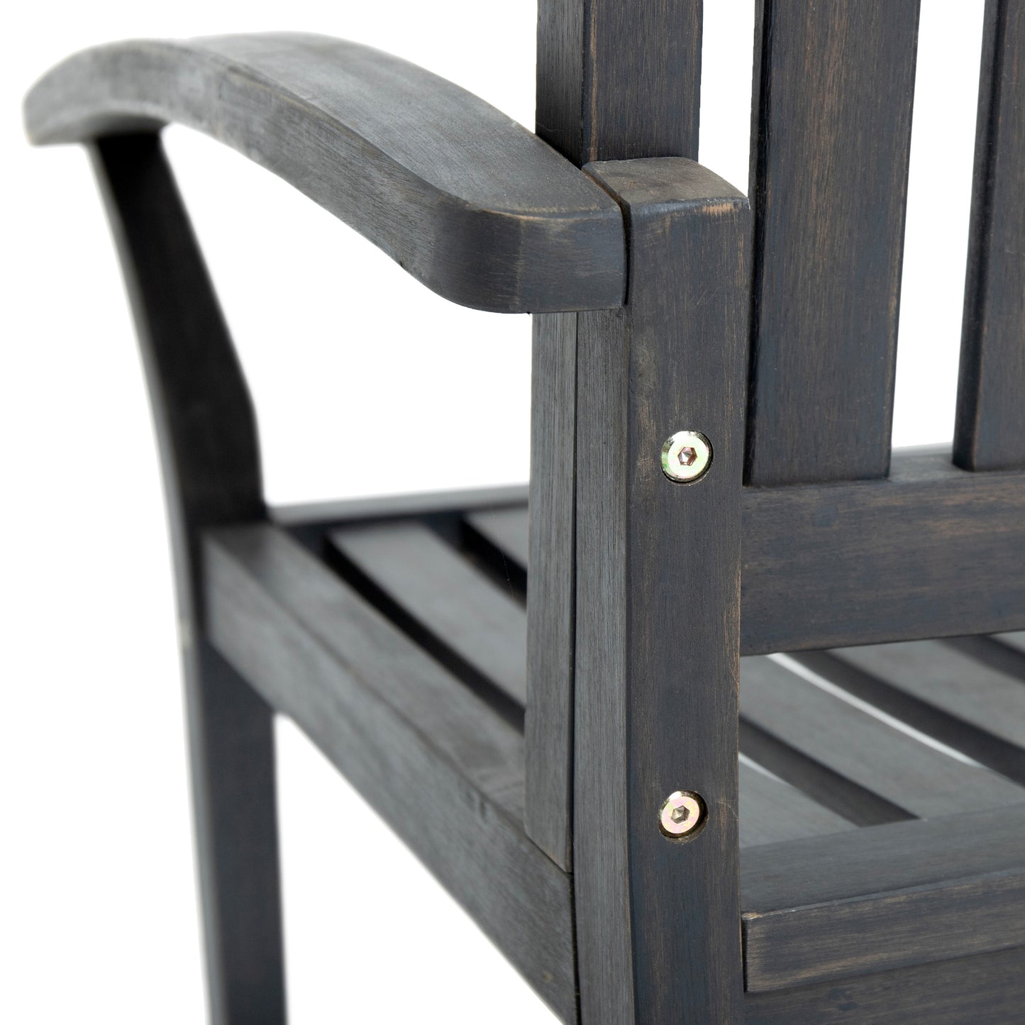 Dark gray wooden outdoor chair armrest detail