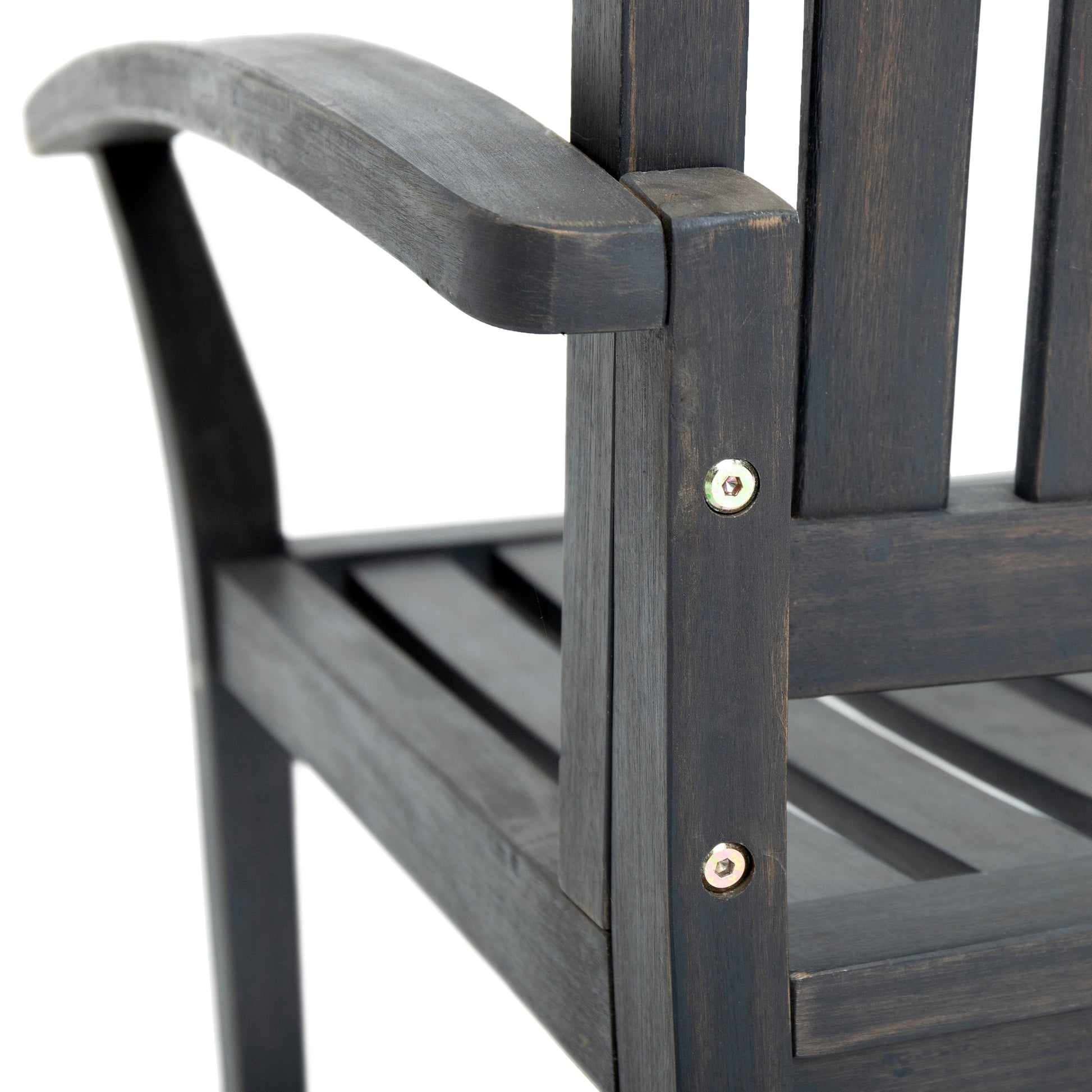 Dark gray wooden outdoor chair armrest detail