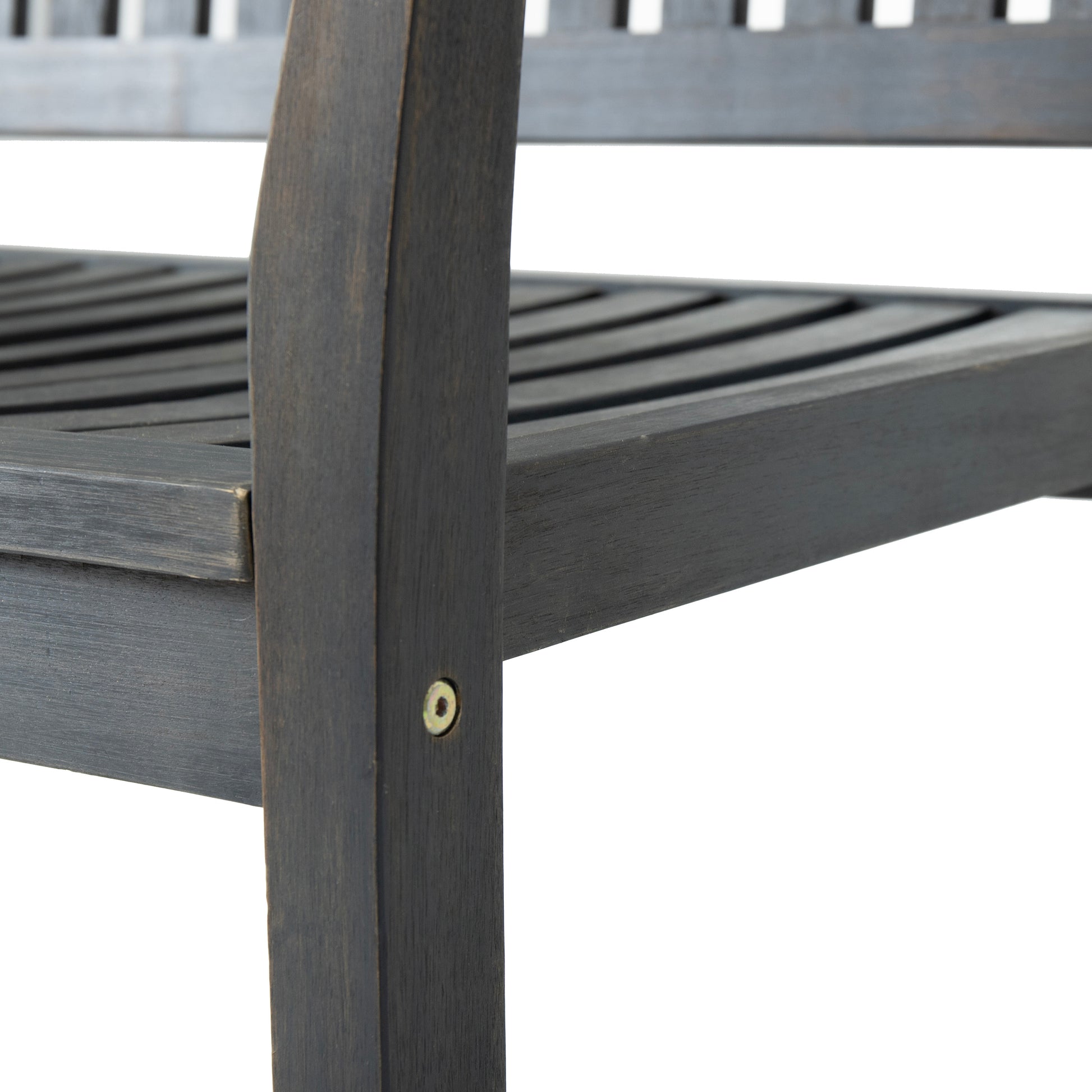 Dark grey wooden outdoor bench detail showing slatted seat construction and armrest frame
