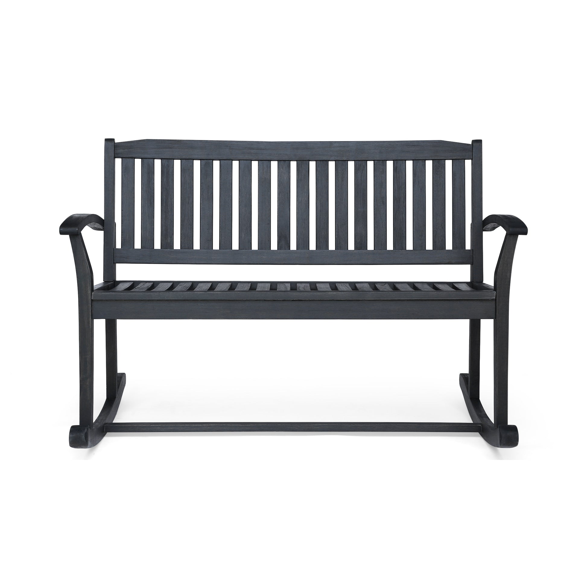 Dark gray wooden rocking patio bench with slatted seat and back