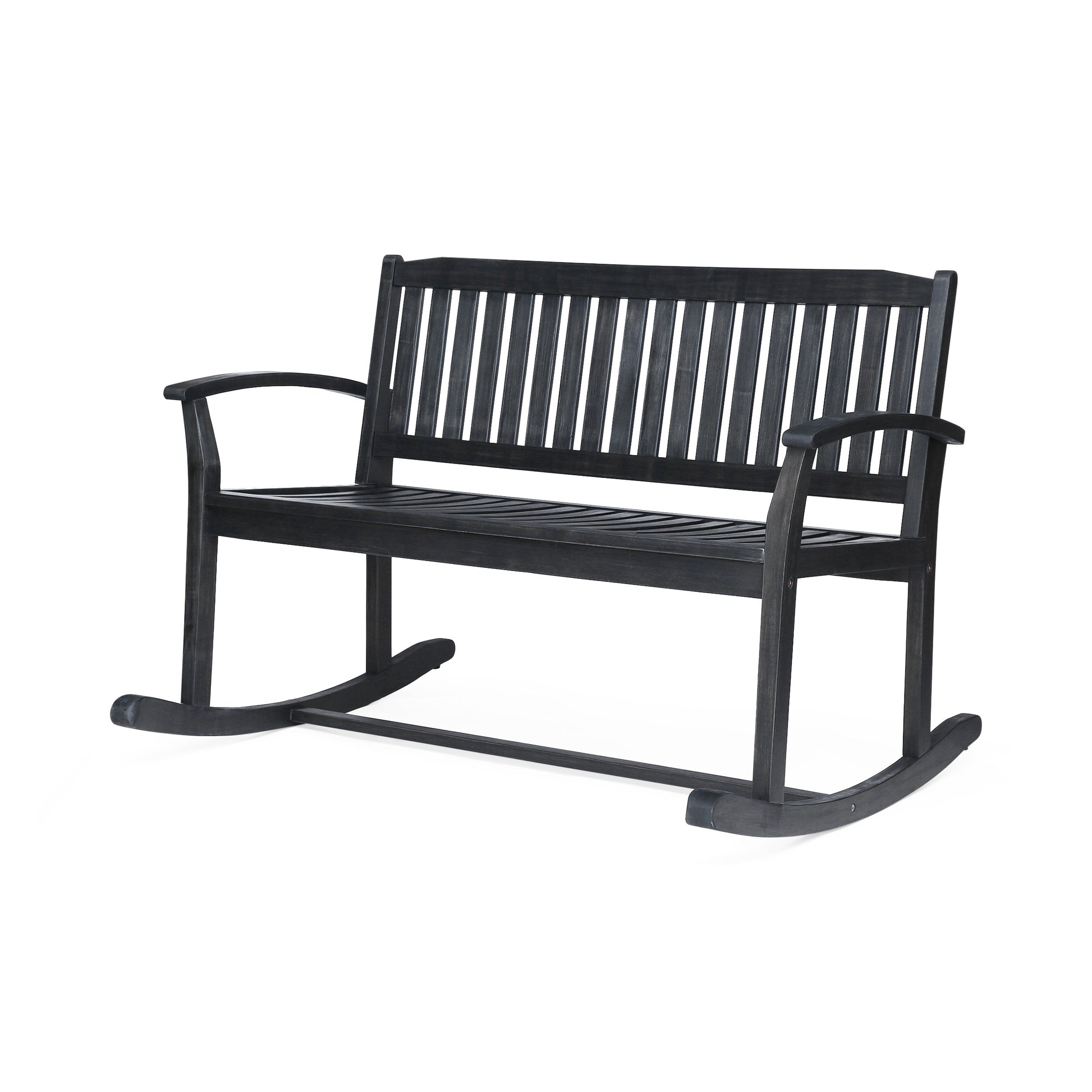 Dark gray wooden rocking bench with slatted back and seat