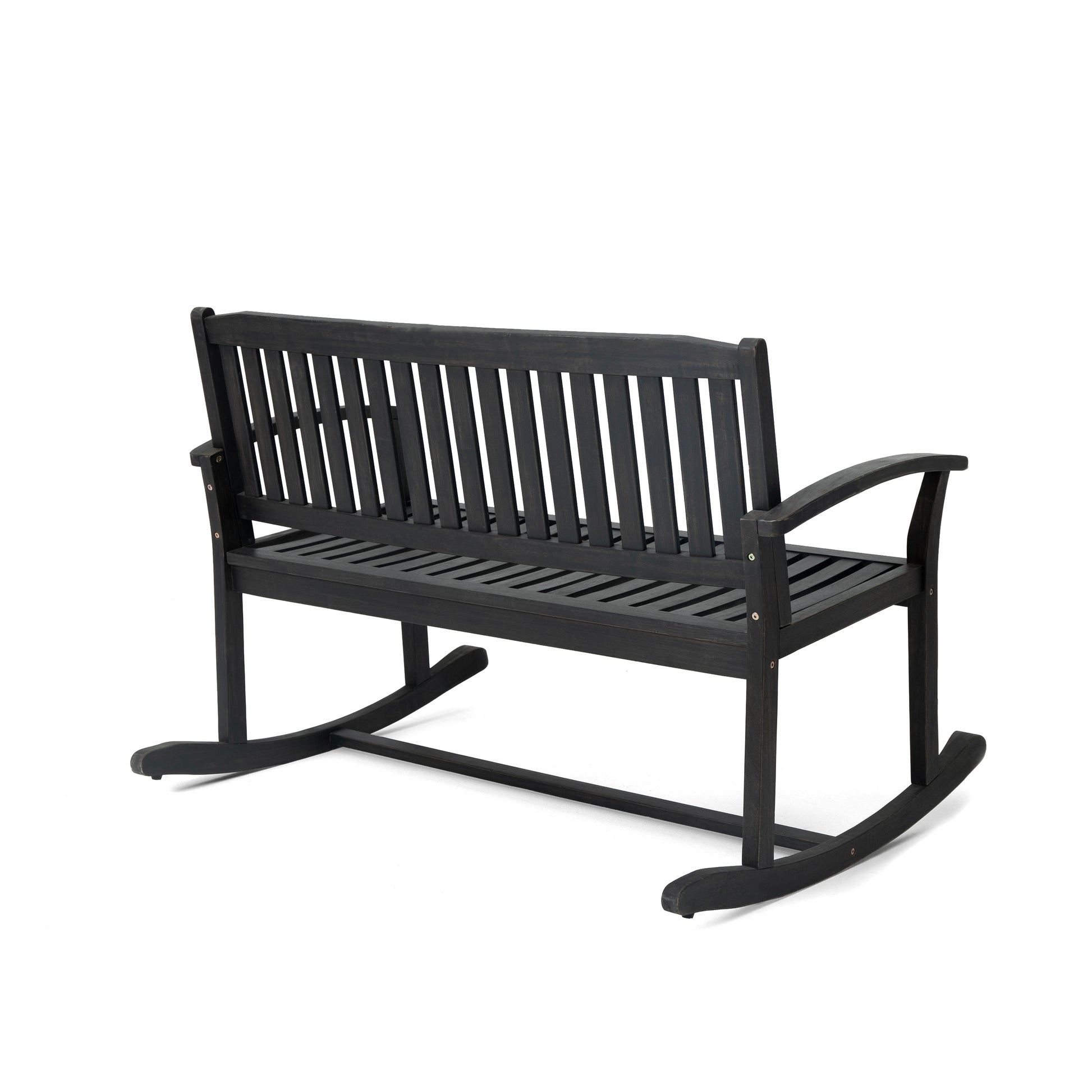 Dark grey wooden outdoor rocking bench with slatted seat and back