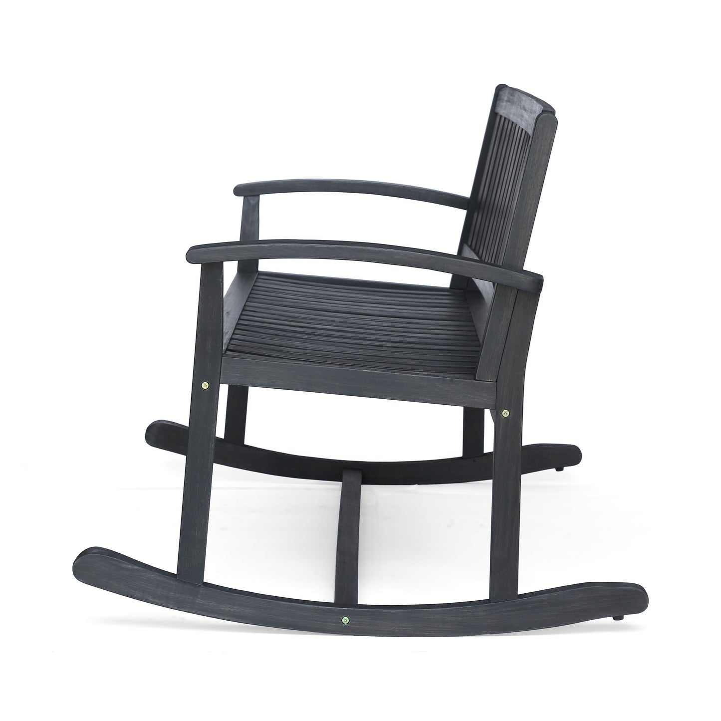 Dark gray wooden rocking chair with slatted seat and back