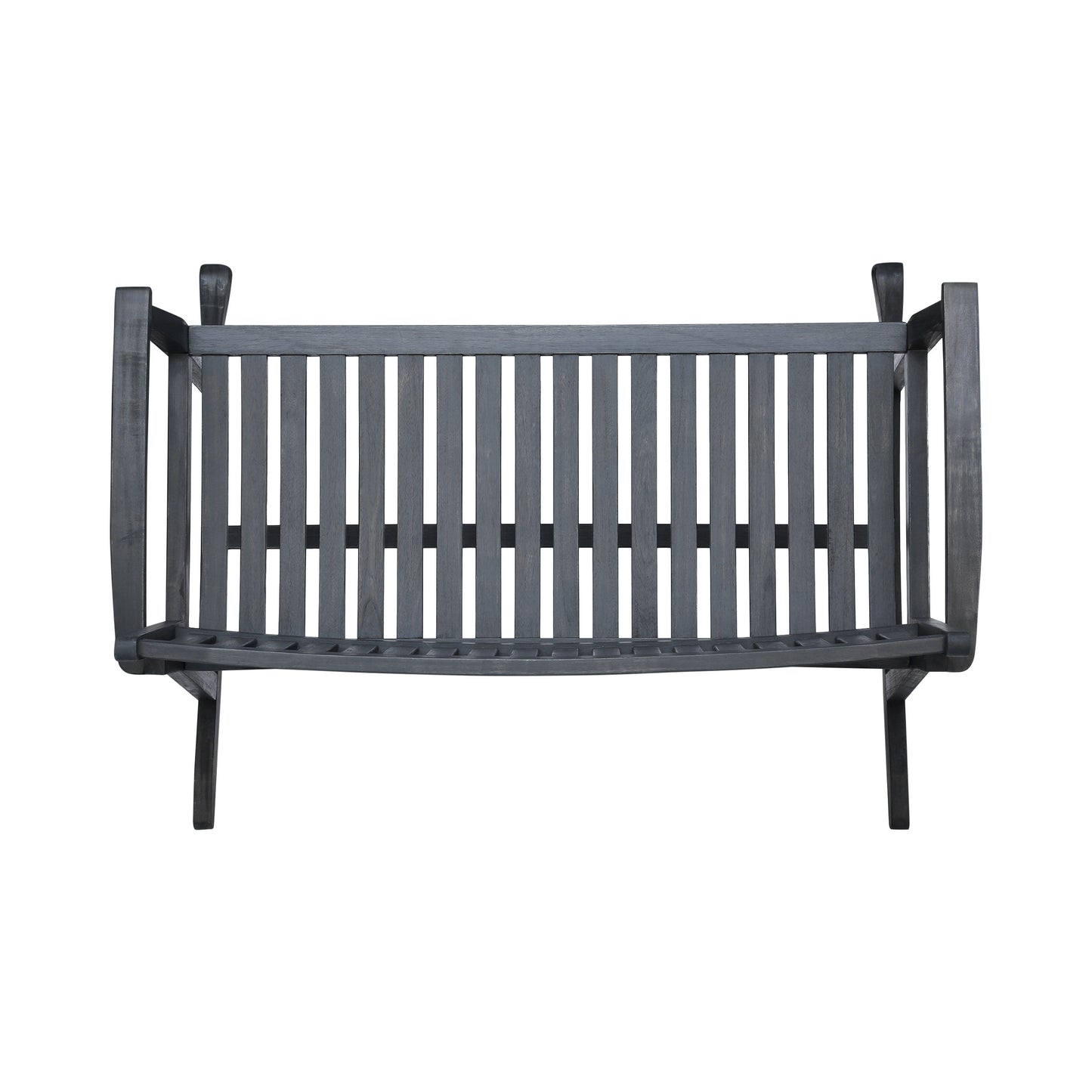 Dark gray wooden garden bench with slatted seat and back
