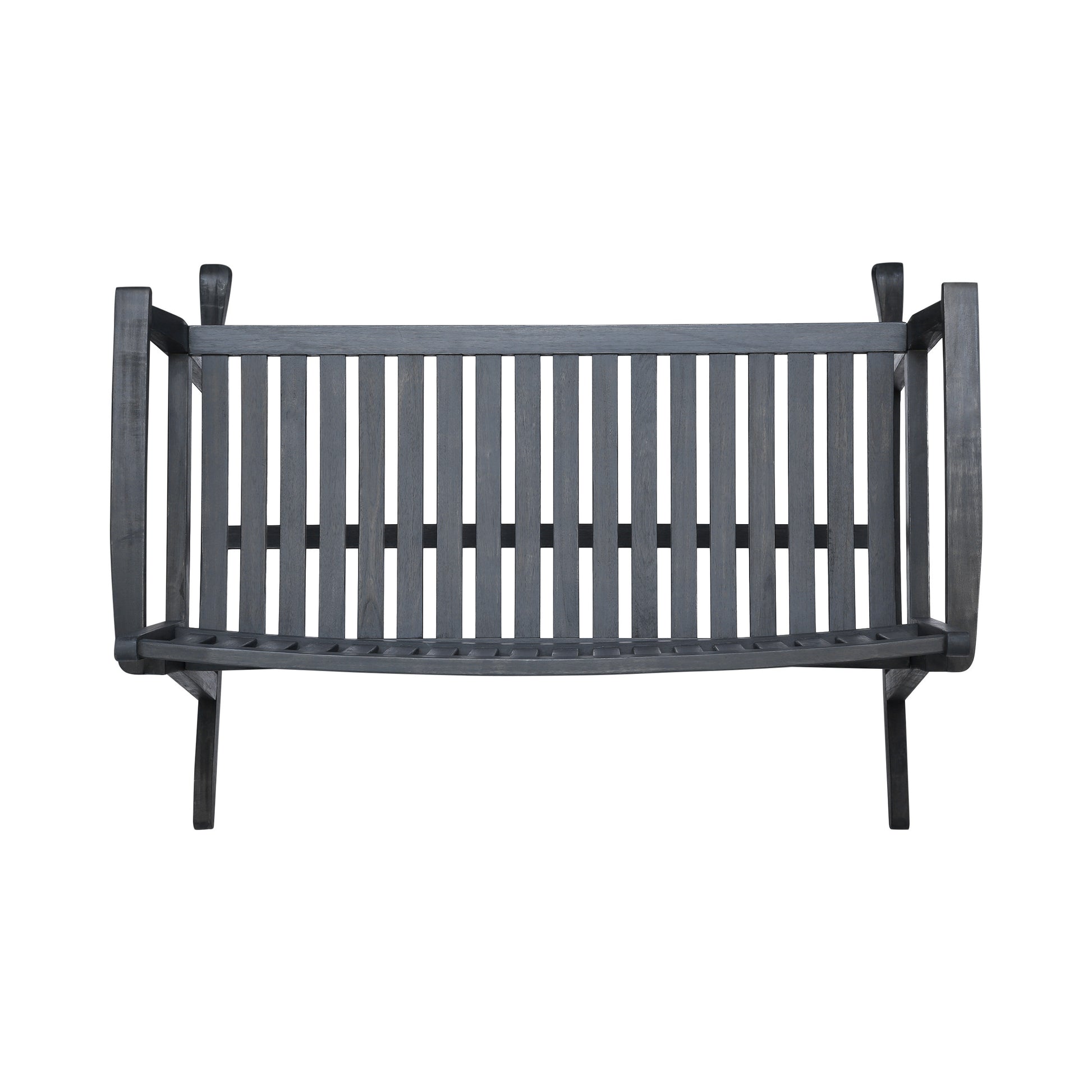 Dark gray wooden garden bench with slatted seat and back