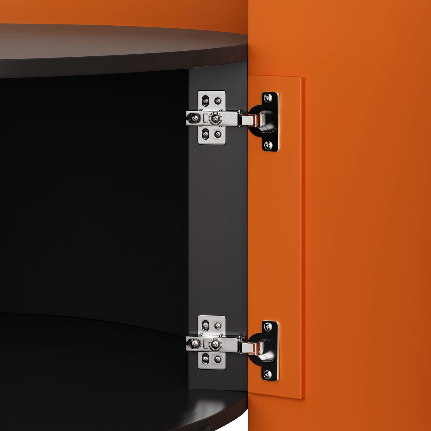 Orange cabinet door with silver hinges