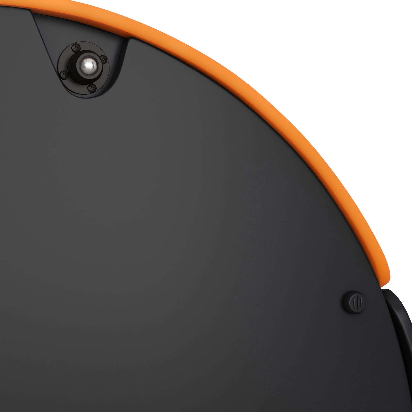 Closeup of orangetrimmed black robot vacuum cleaner side panel with sensor