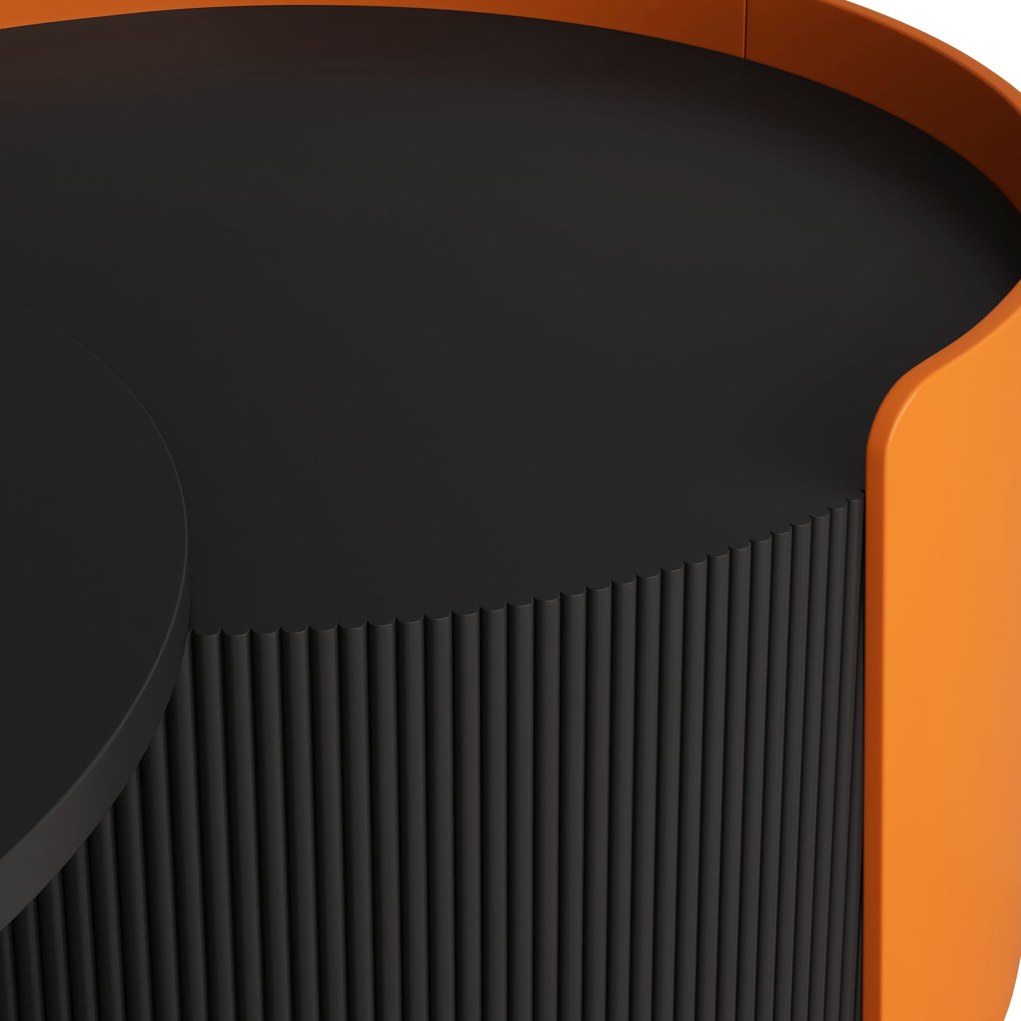Modern black side table with fluted base and orange accent