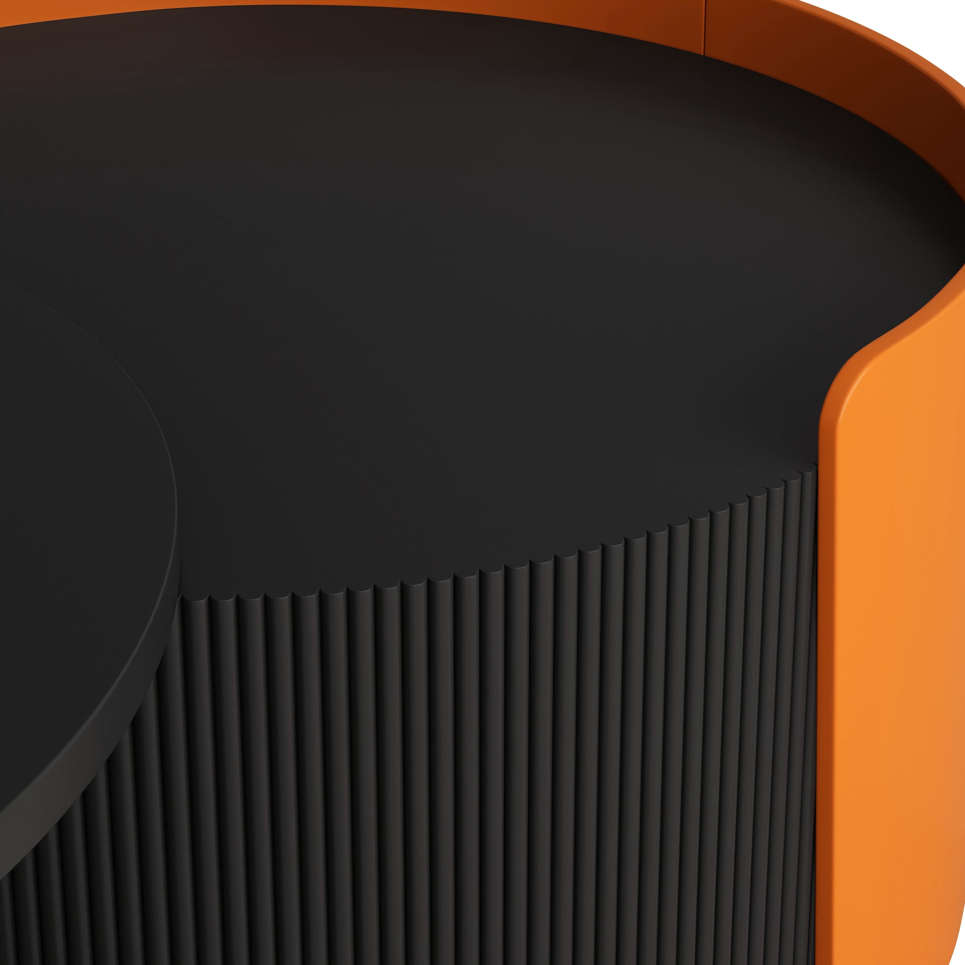 Modern black side table with fluted base and orange accent