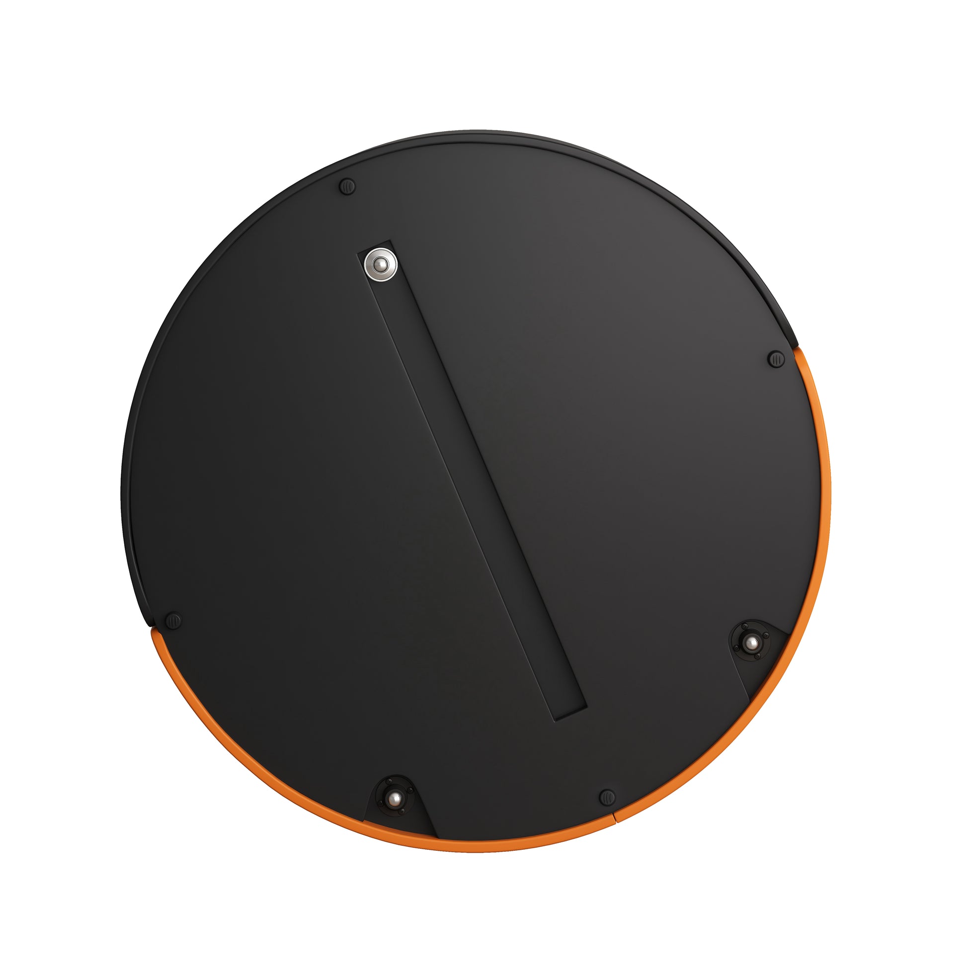 Black and orange circular speaker base with metallic screw detail