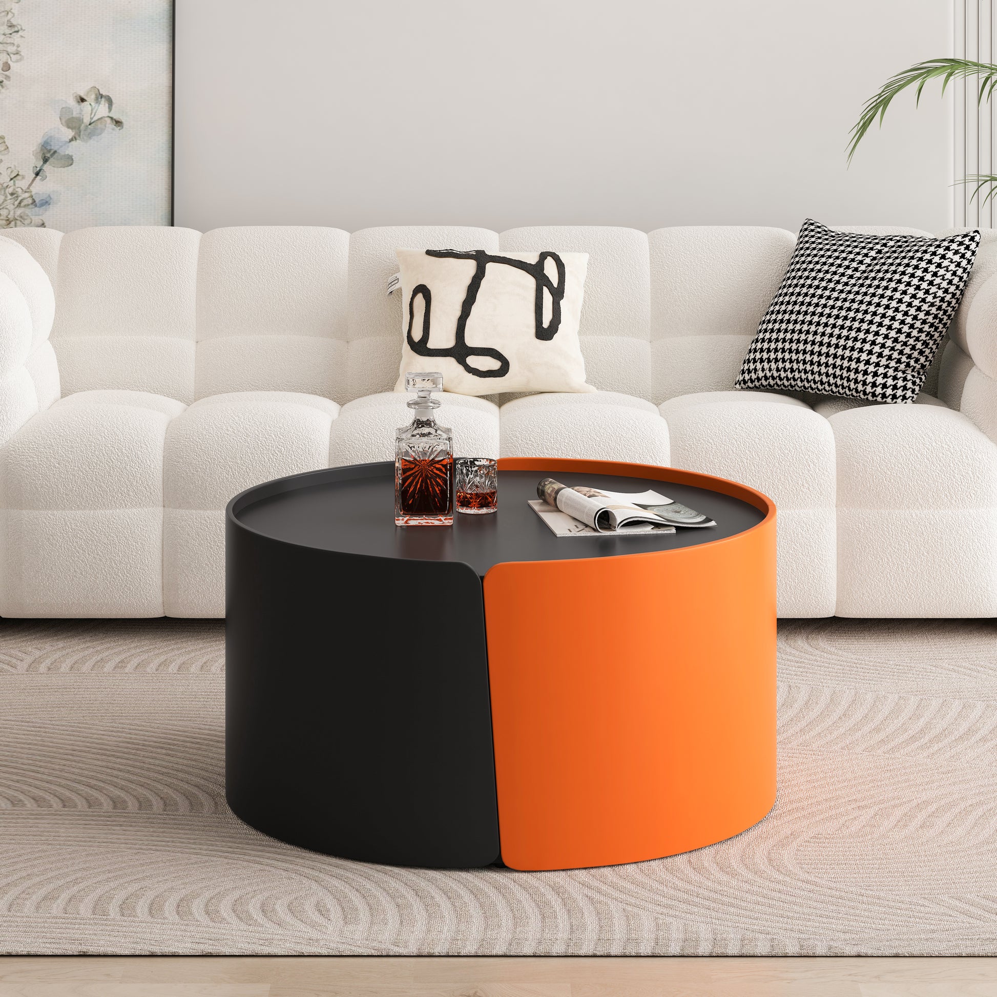 Round twotone modern coffee table in black and orange