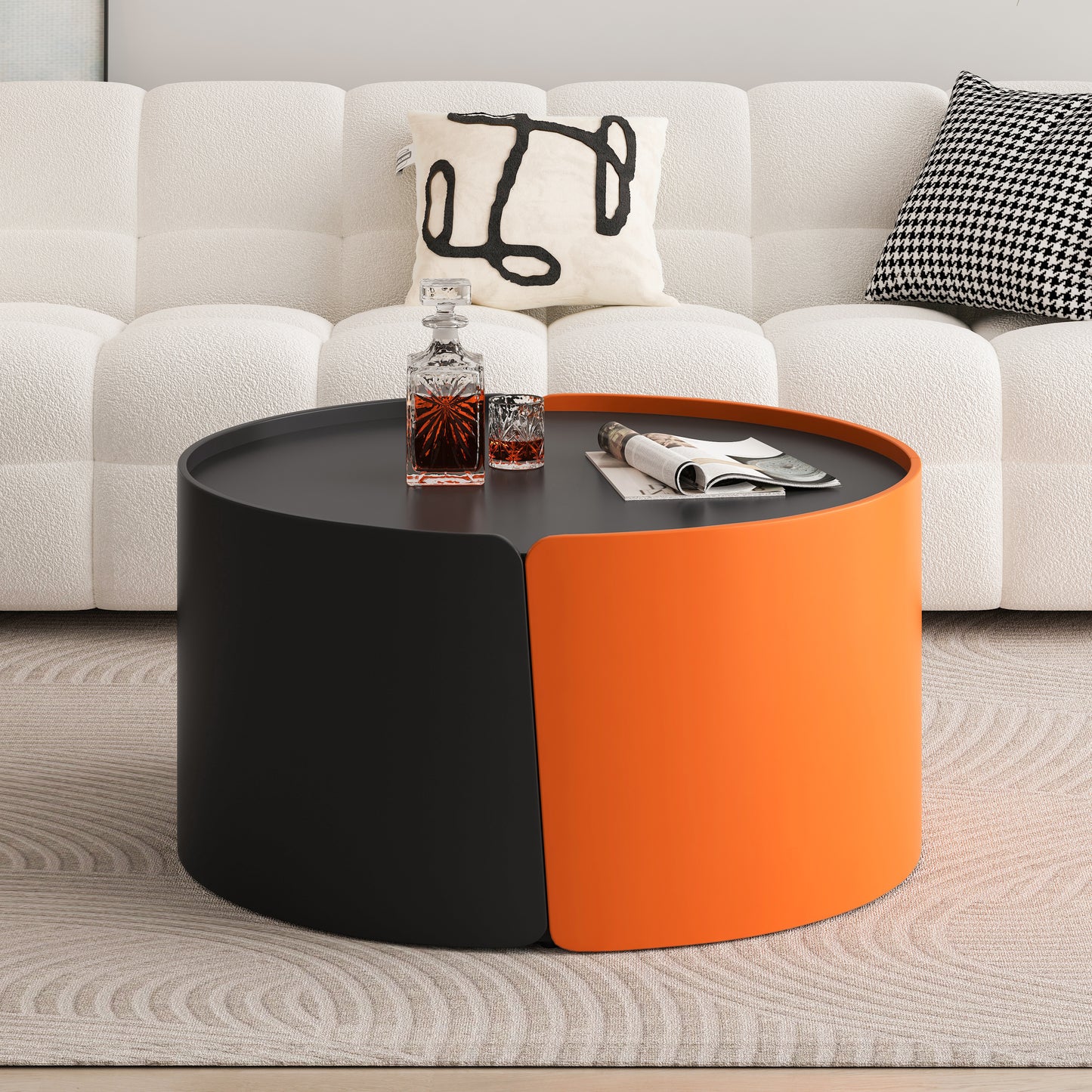 Modern round coffee table with split black and orange design Perfect for living rooms
