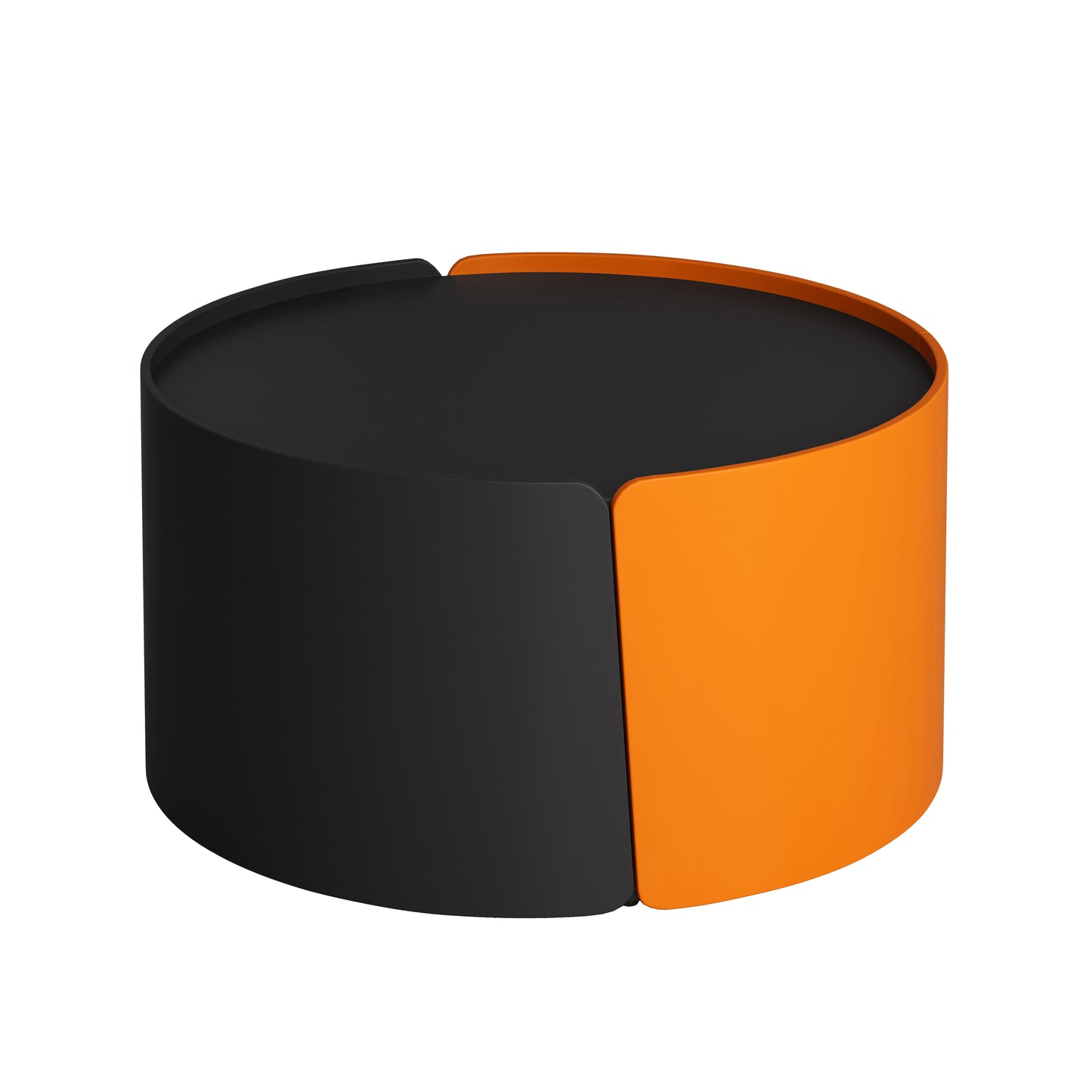 Modern cylindrical coffee table with black top and orange base