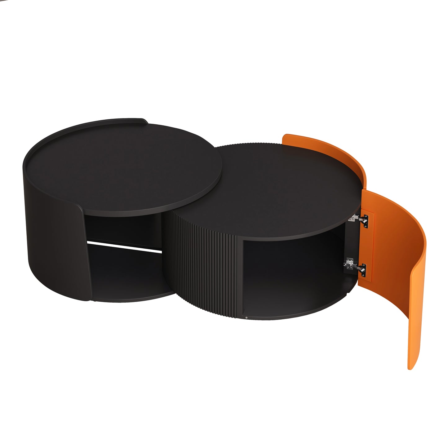Black round coffee table with orange cabinet