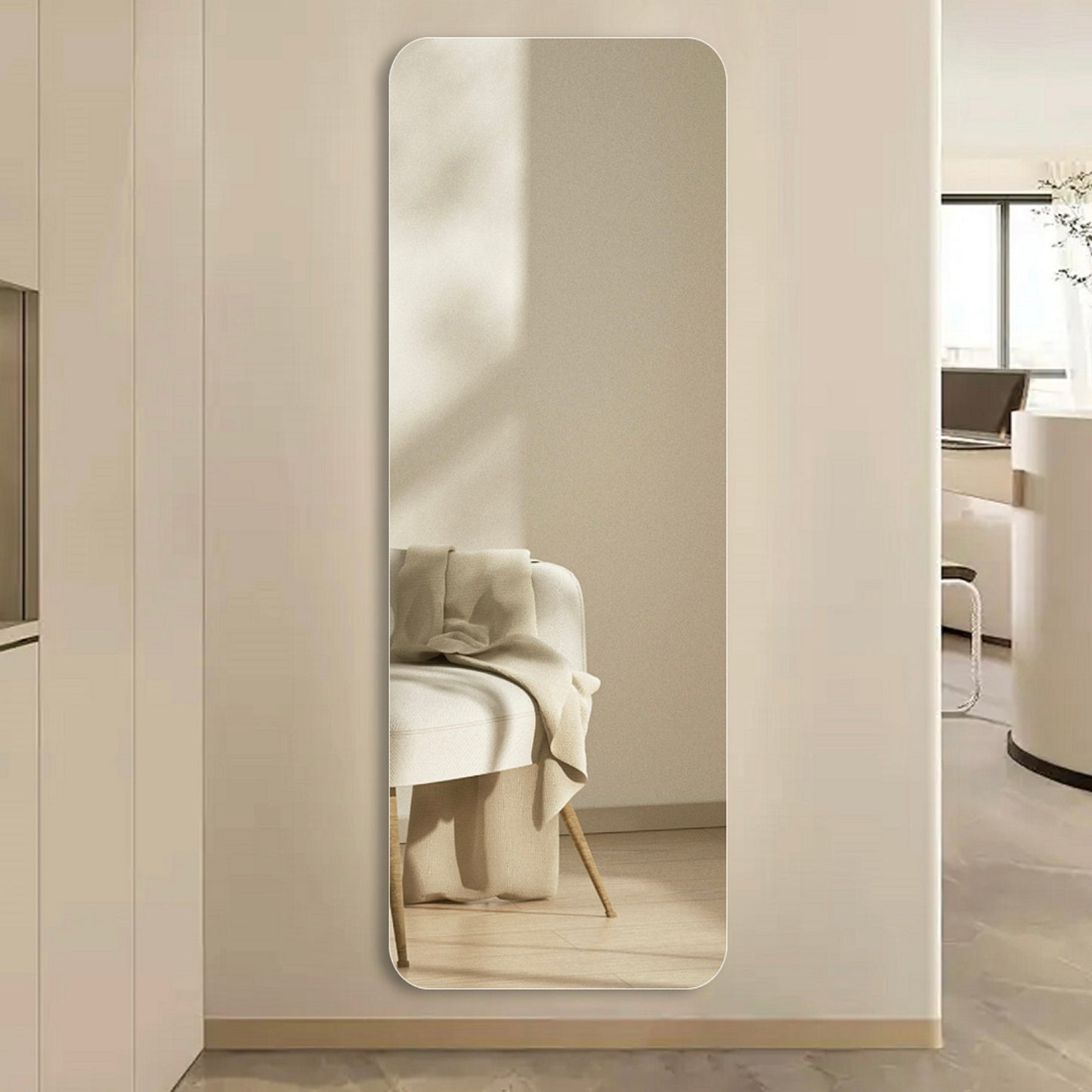 Tall rectangular standing mirror with rounded corners perfect for entryway