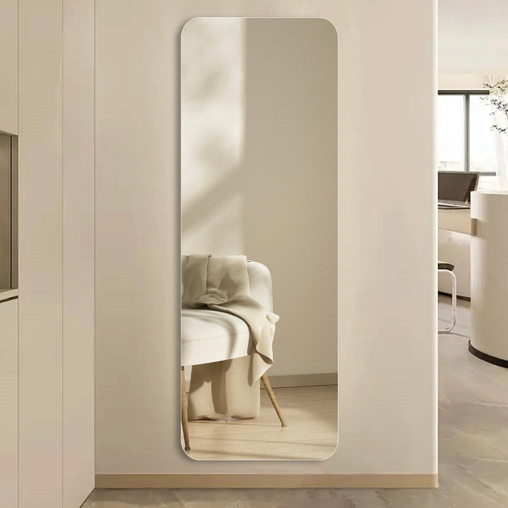 Tall rectangular standing mirror with rounded corners perfect for entryway