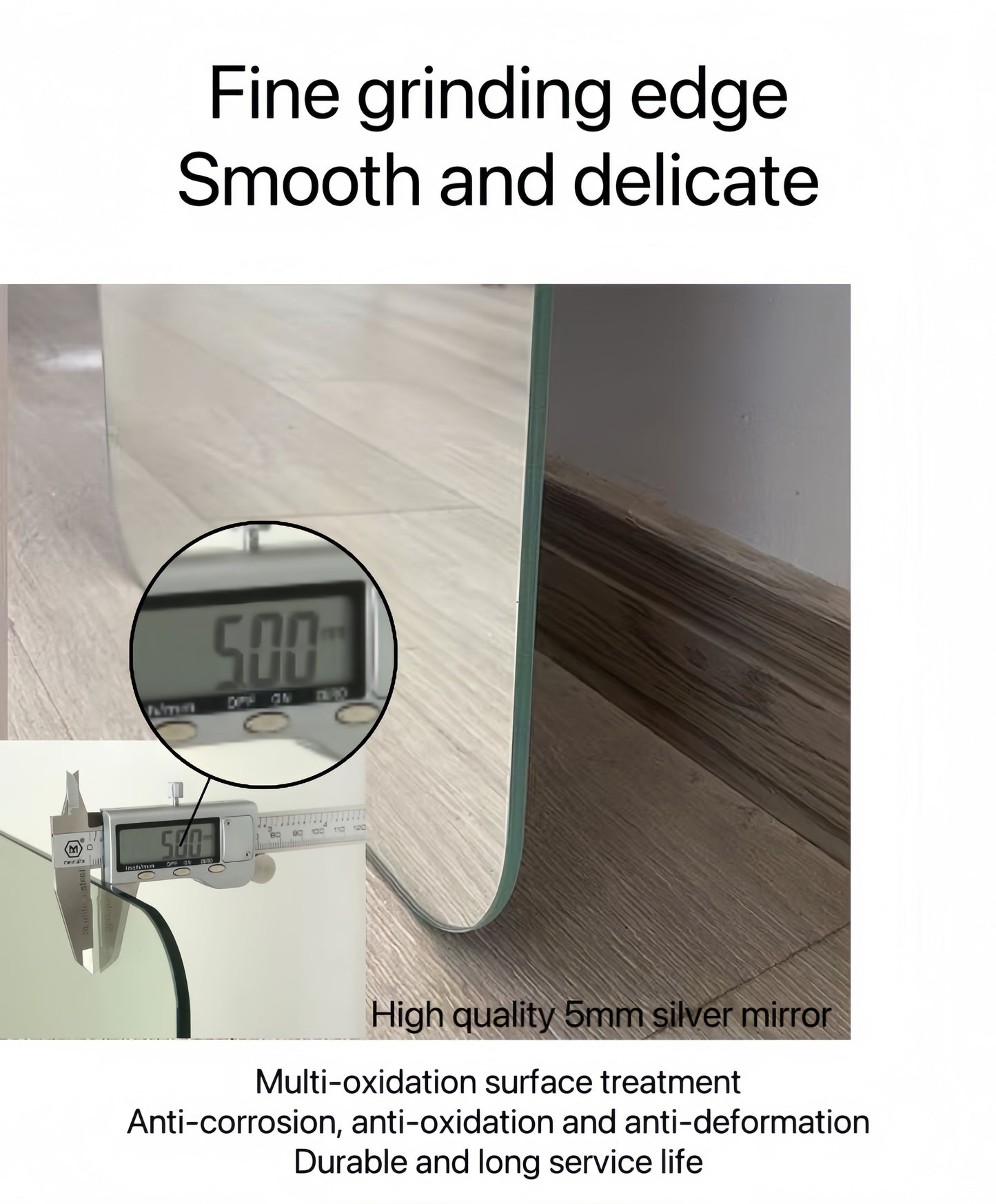 Digital calipers measure a mm silver mirror edge