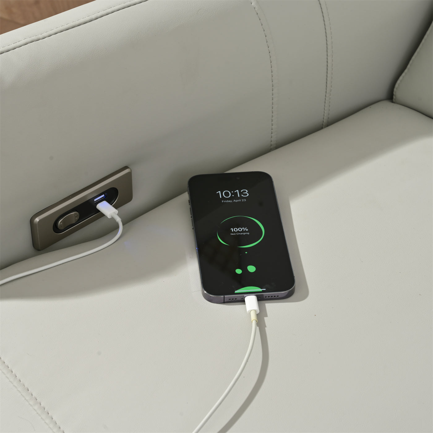 Modern white leather sofa with builtin USB charging port