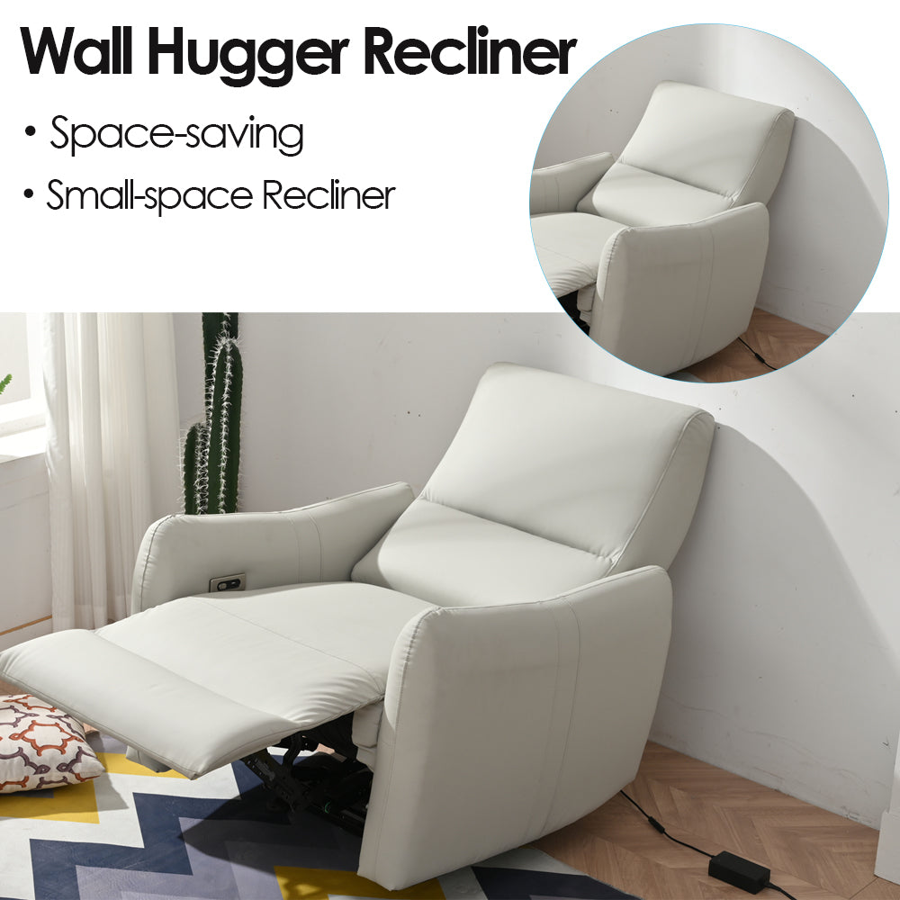 Light gray wall hugger recliner with extended footrest