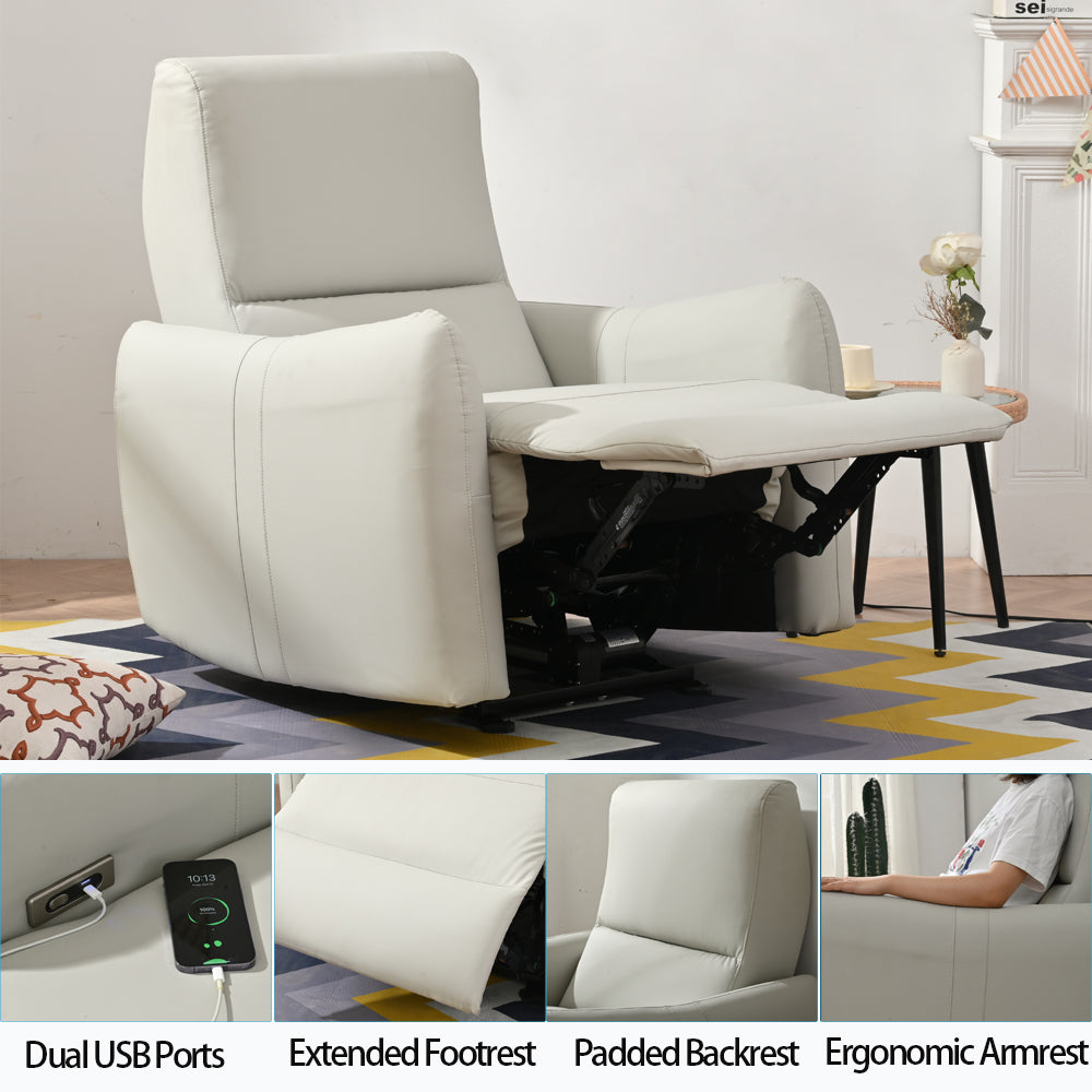 White leather recliner with extended footrest and dual USB ports