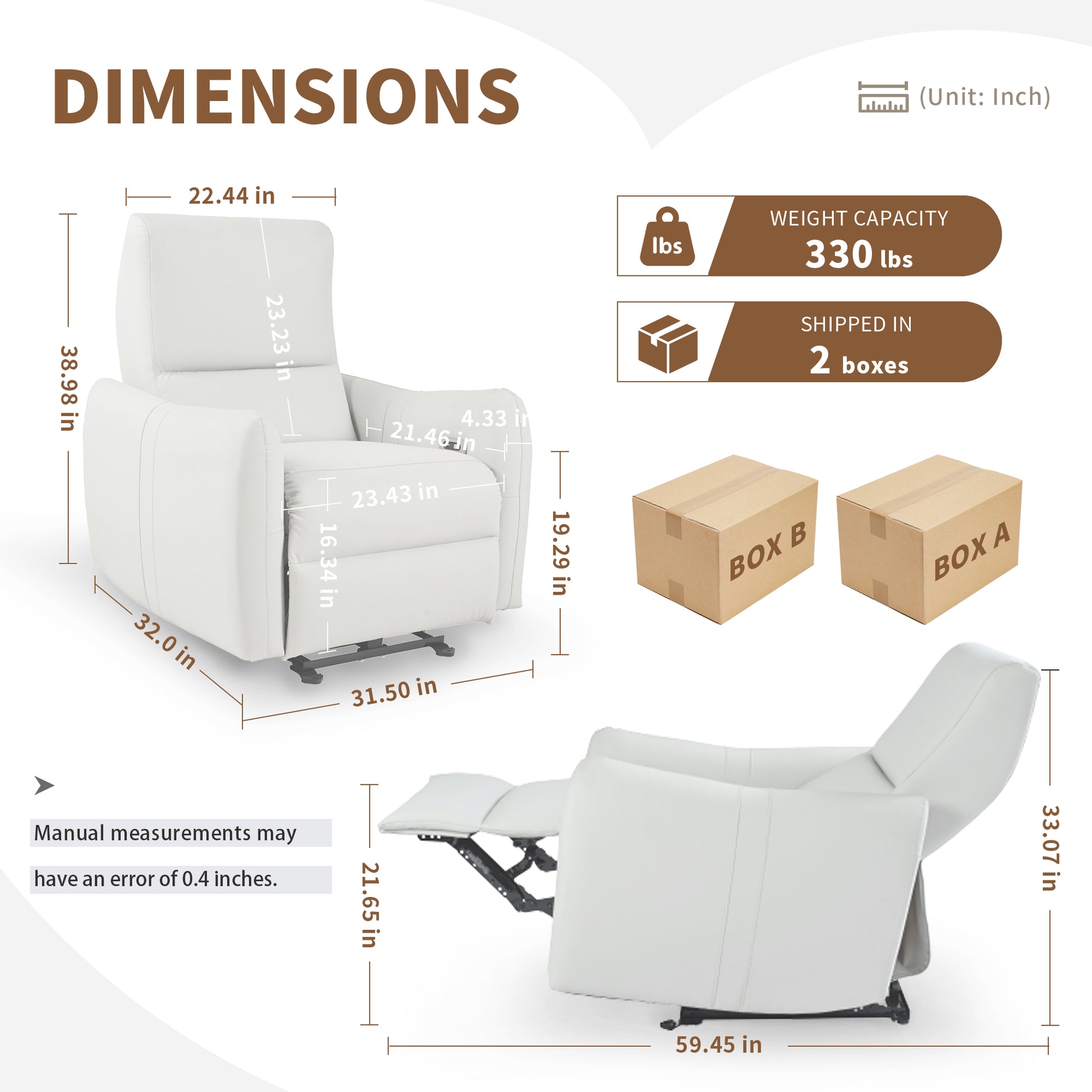 White upholstered recliner chair with detailed dimensions and weight capacity of  lbs