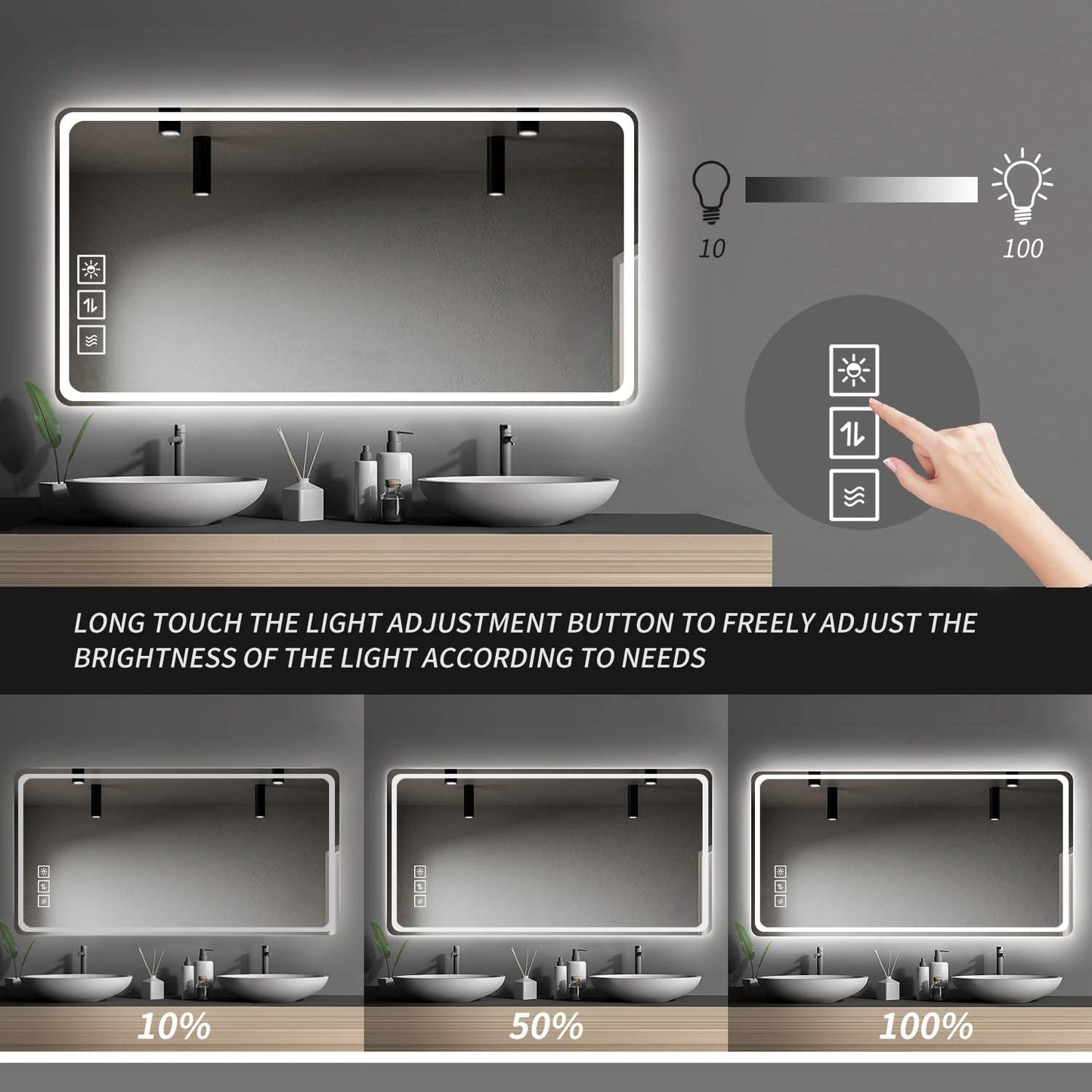Modern LED bathroom mirror with adjustable brightness