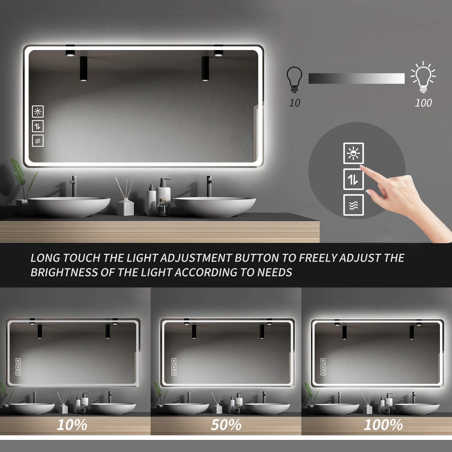 Modern LED bathroom mirror with adjustable brightness