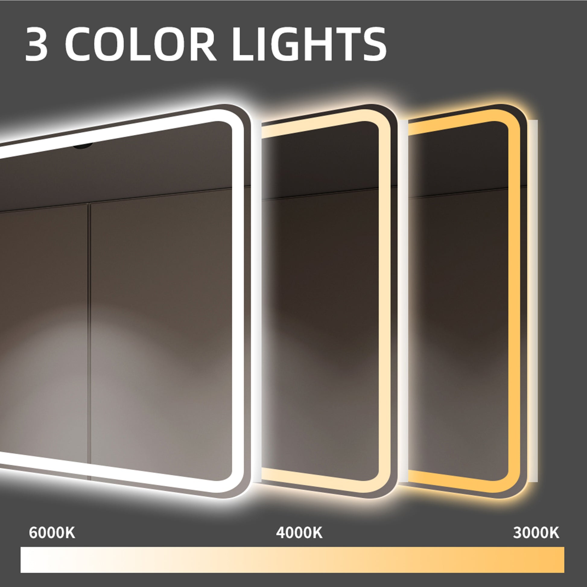 Modern vanity mirror with adjustable LED color temperatures K K K