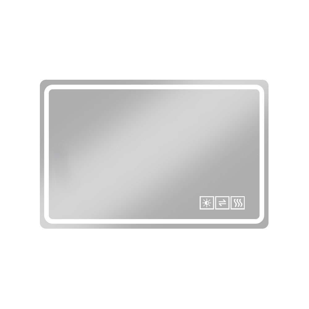 Rectangular illuminated vanity mirror with touch controls for light and defog
