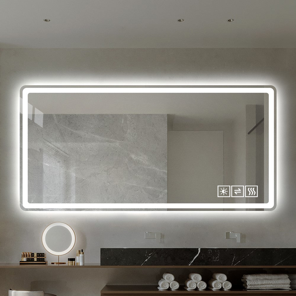 Rectangular bathroom mirror with integrated LED lighting and touch controls