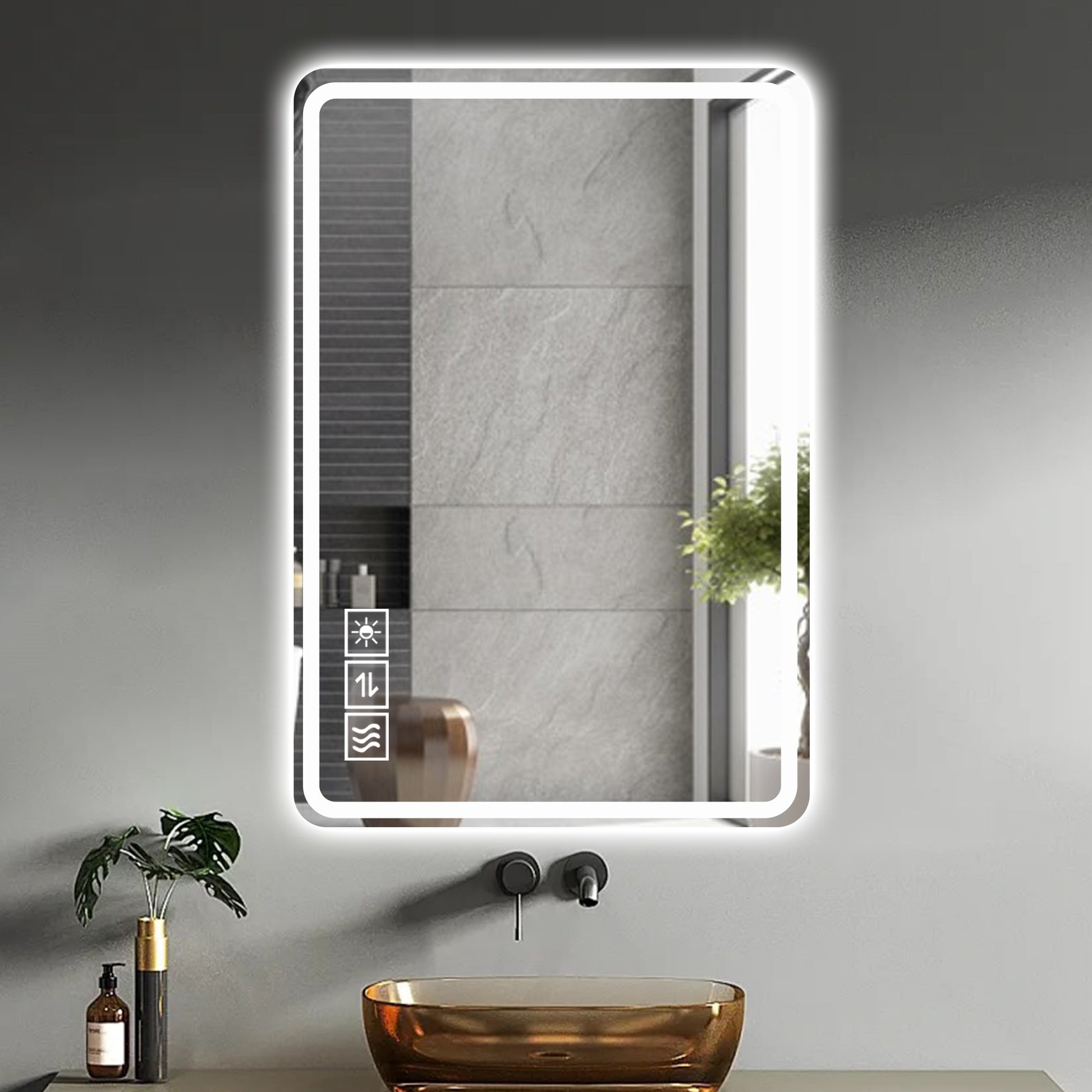 Modern backlit bathroom mirror with touch controls
