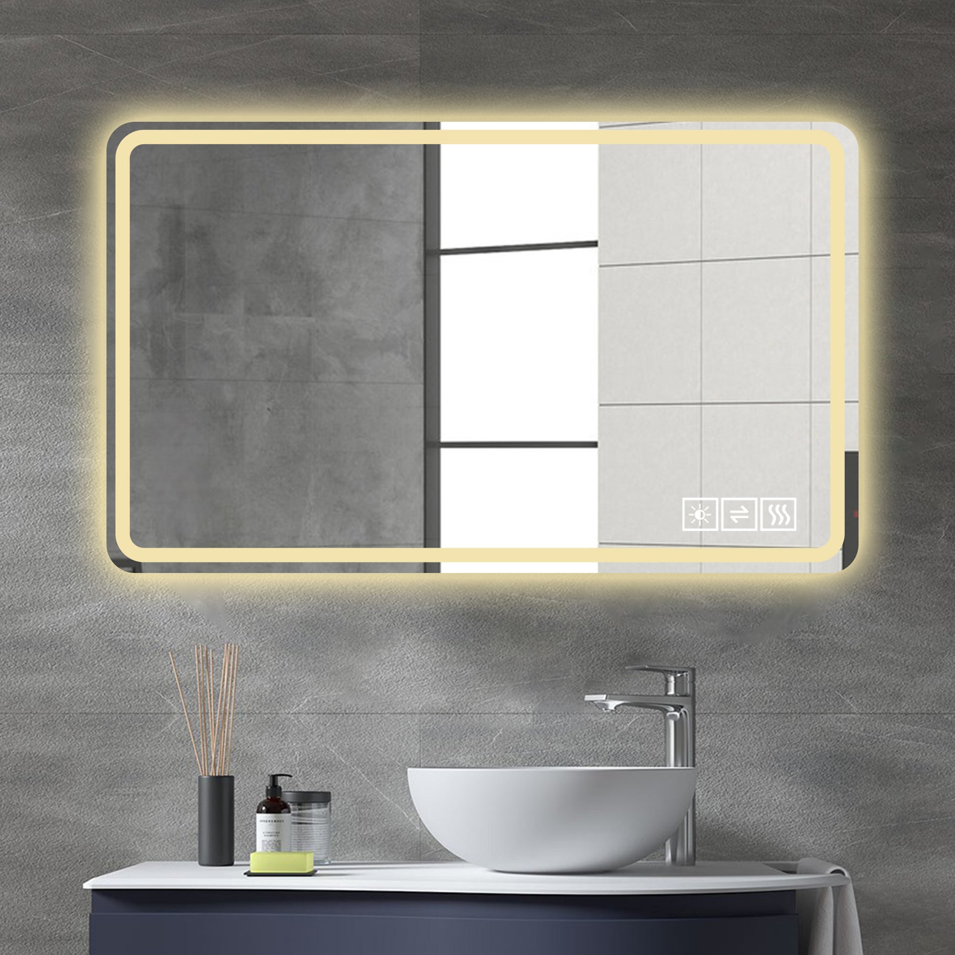 Rectangular illuminated bathroom mirror with touch controls