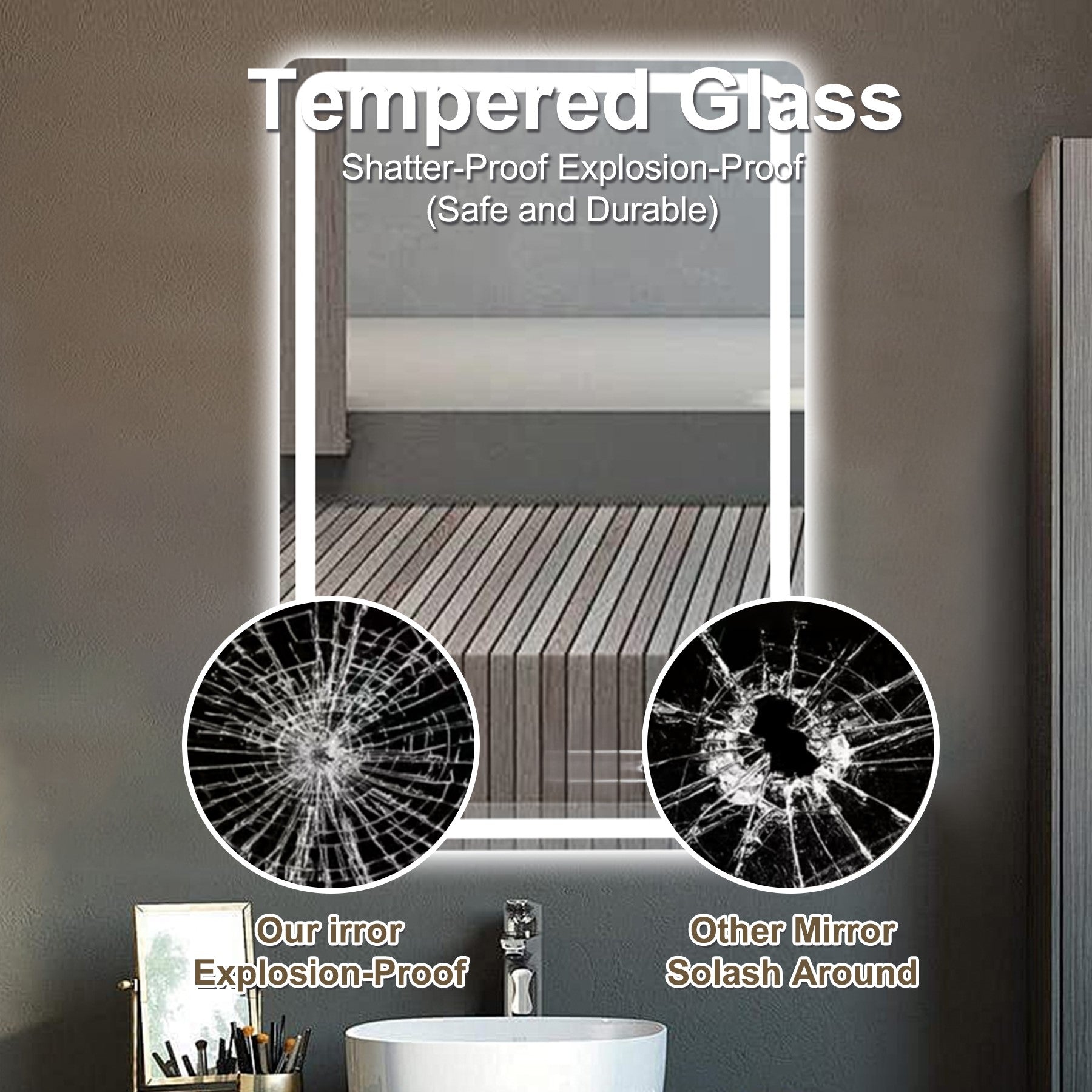 Modern bathroom vanity mirror with integrated LED lighting and tempered glass construction