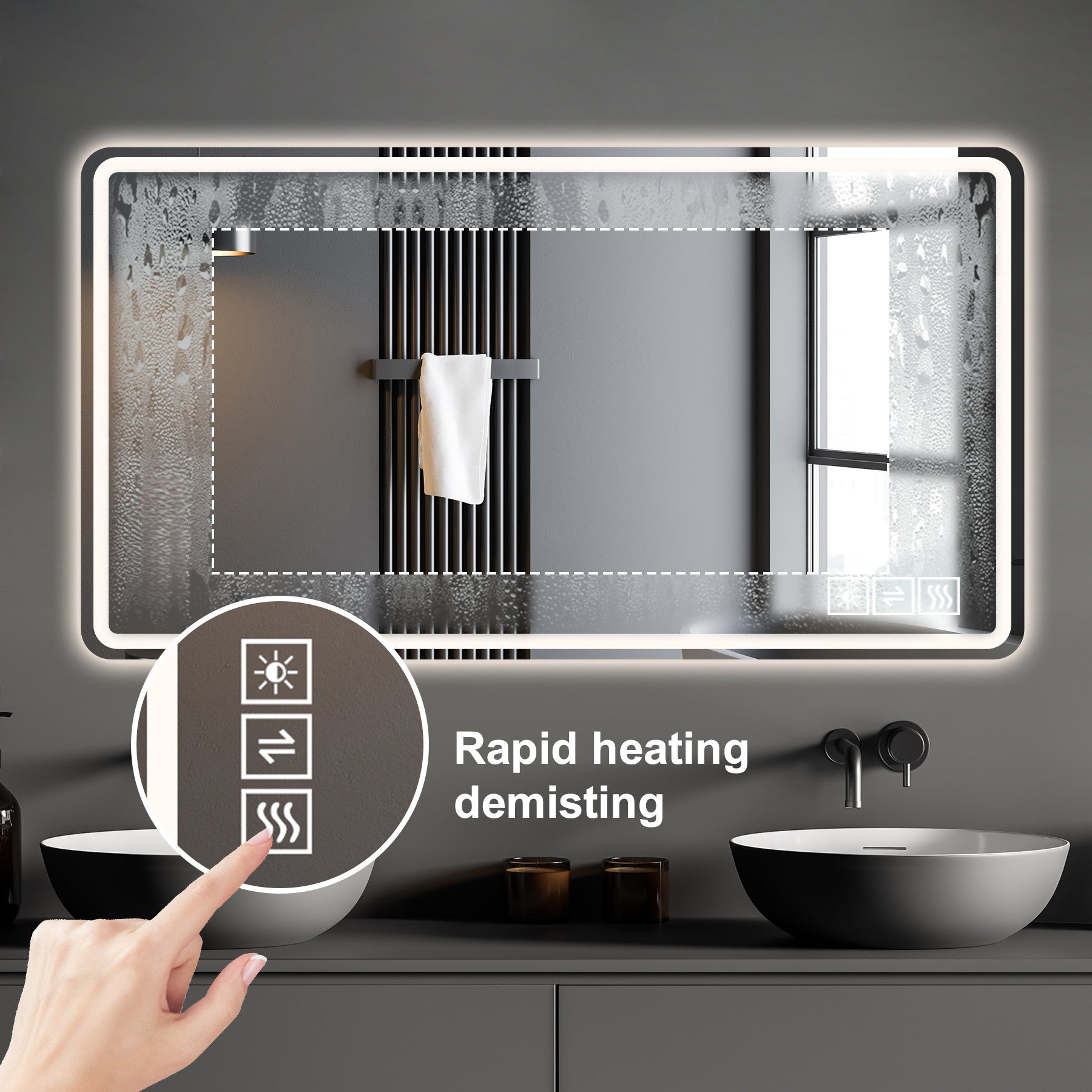 Modern LED bathroom mirror with antifog feature