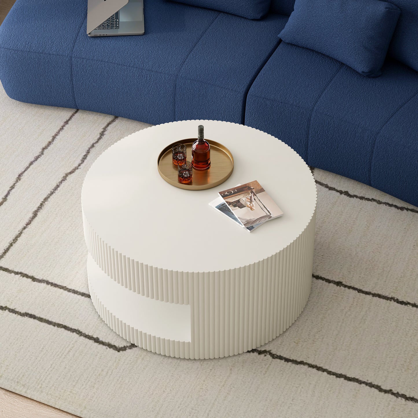 White fluted round coffee table with tiered shelving