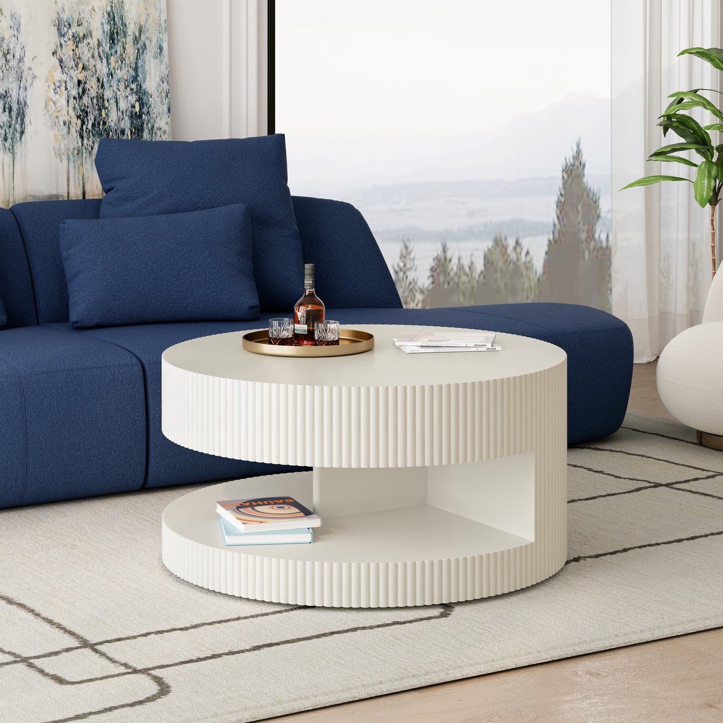 White fluted modern coffee table with two tiers perfect for living room storage