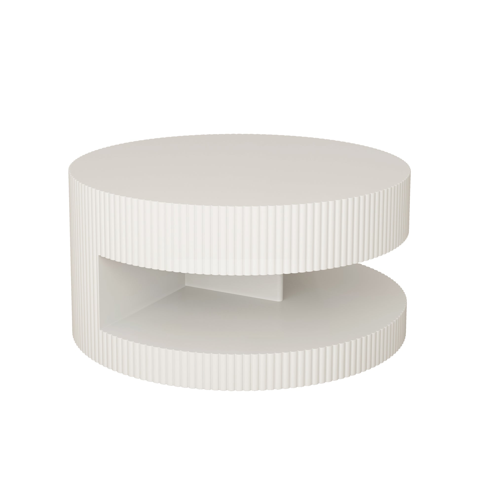 White fluted round coffee table with open storage shelf