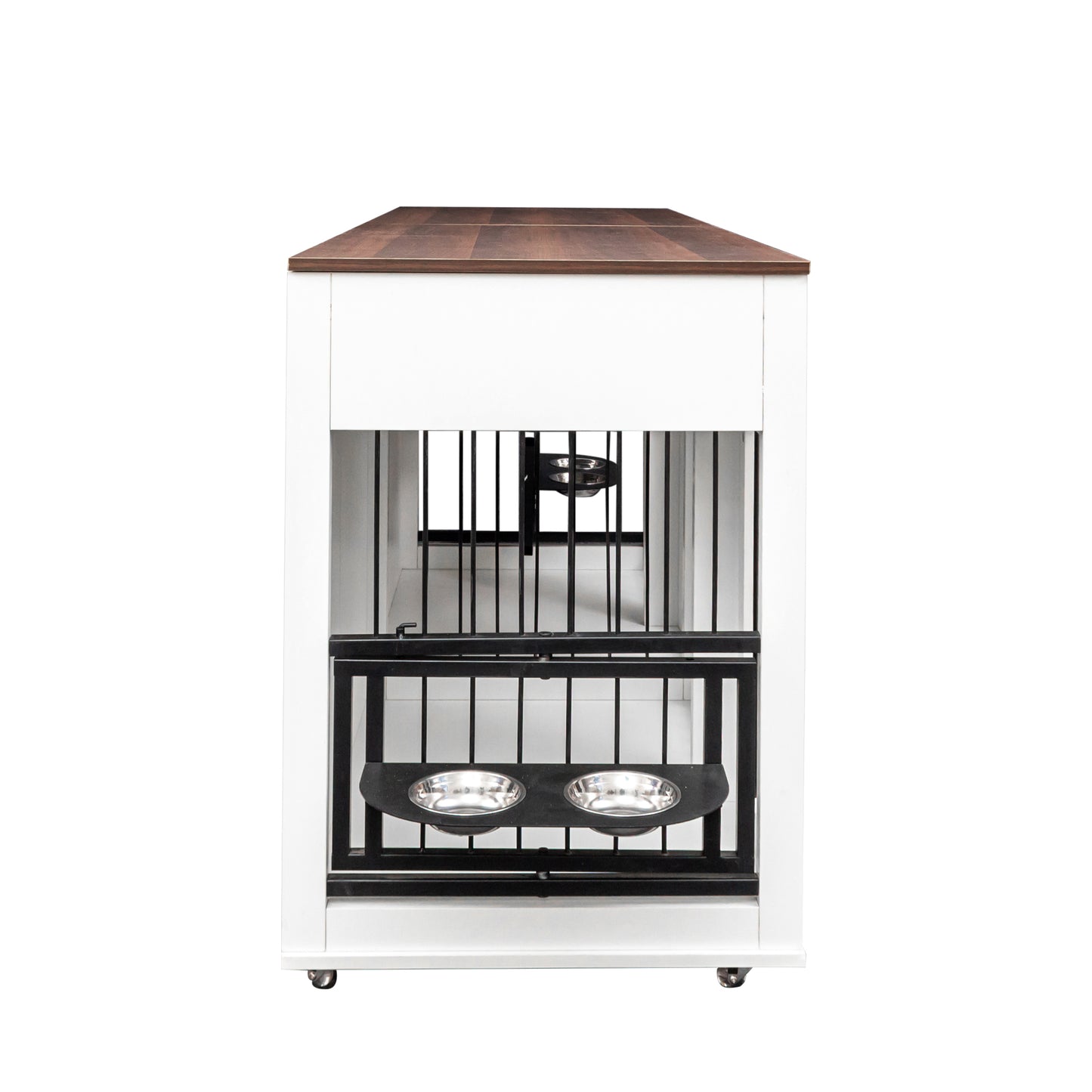 White wooden dog crate with dark wood top and two stainless steel bowls