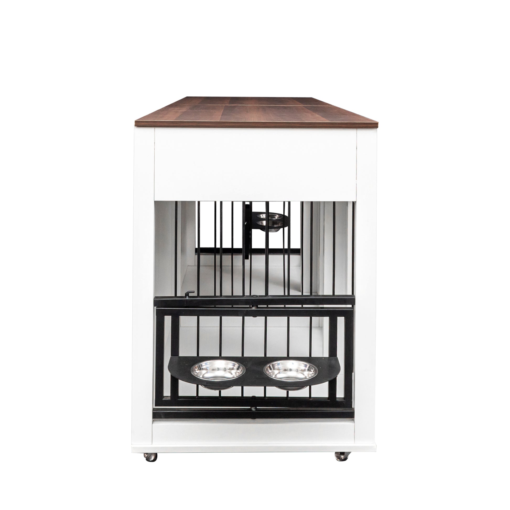 White wooden dog crate with dark wood top and two stainless steel bowls