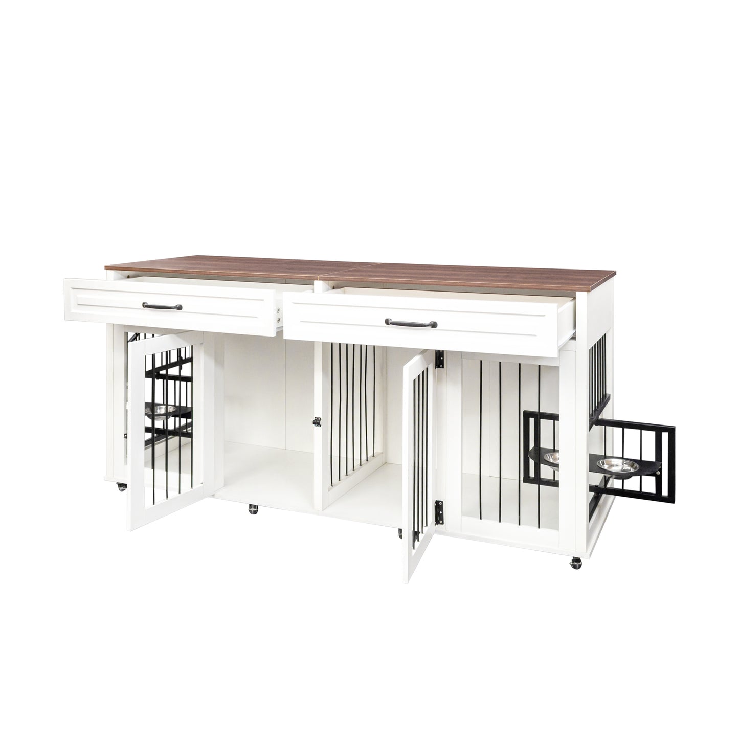 White double dog crate furniture with brown wood top and two drawers
