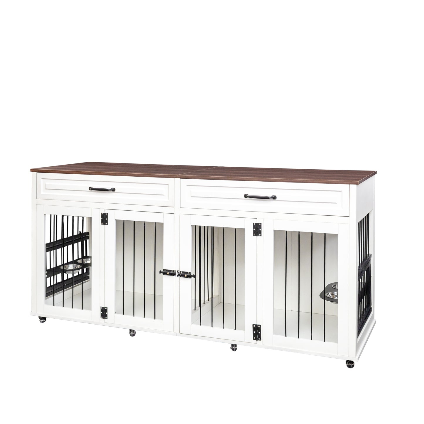 White dual dog crate with dark wood top and rolling casters