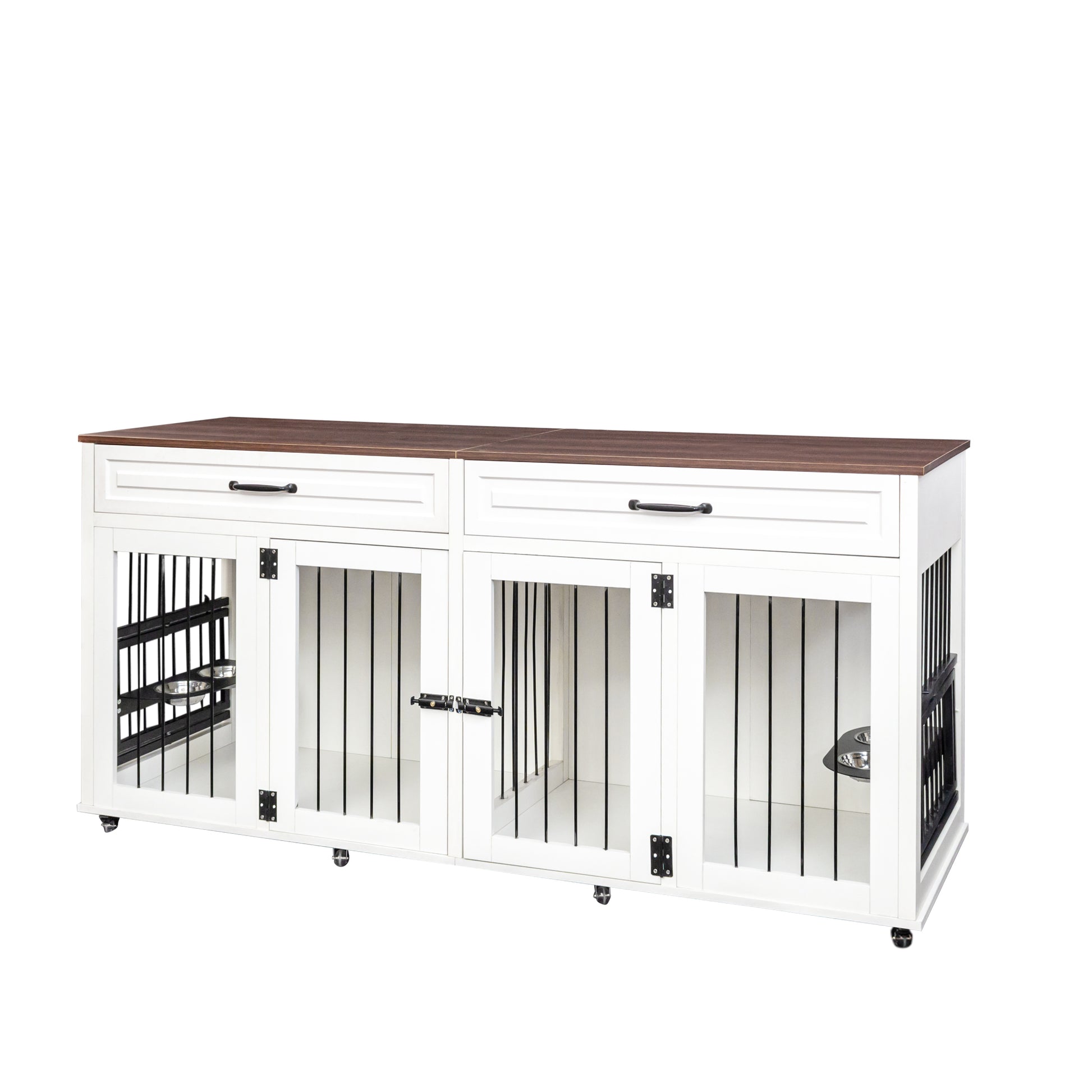 White dual dog crate with dark wood top and rolling casters