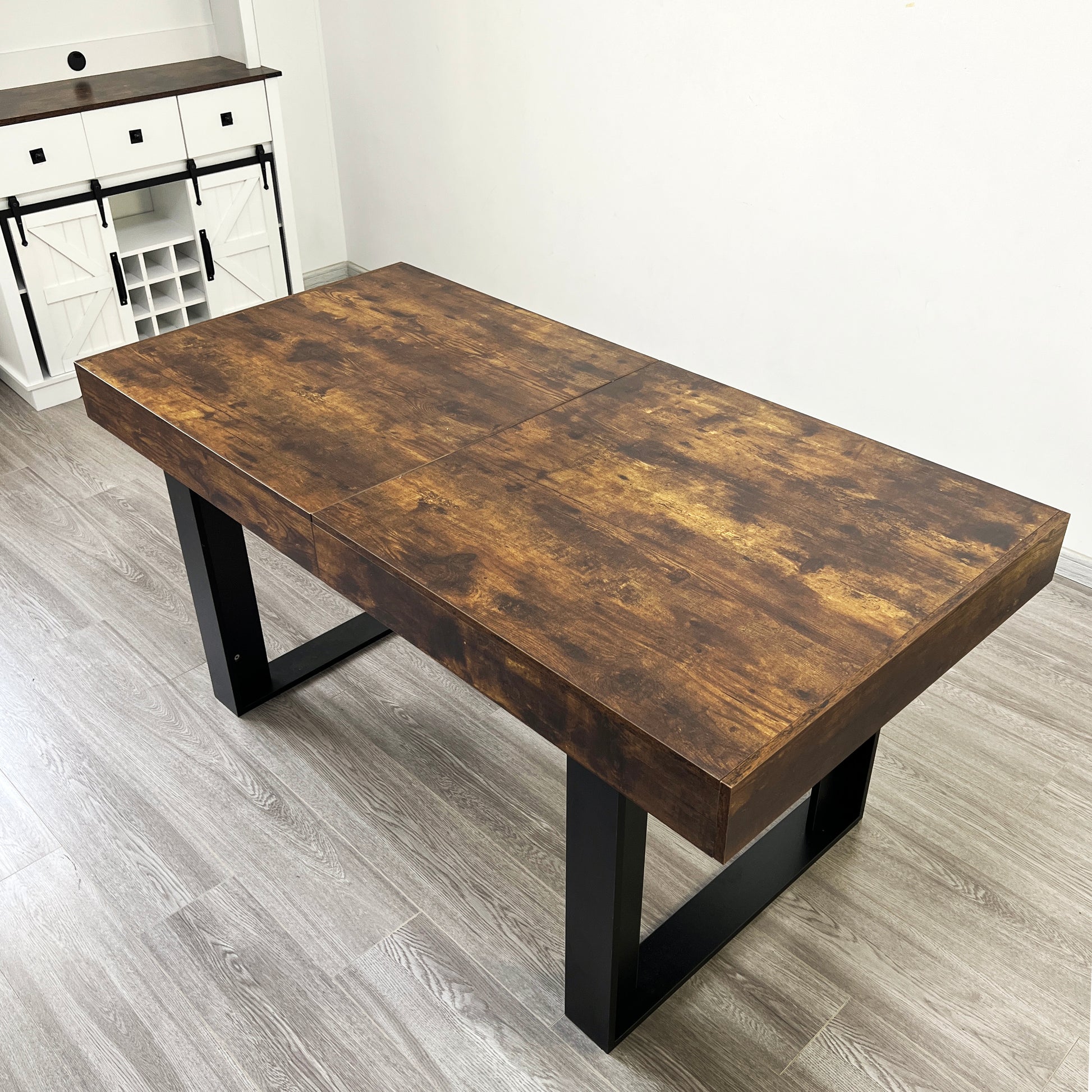 Rustic wooden dining table with matte black metal legs