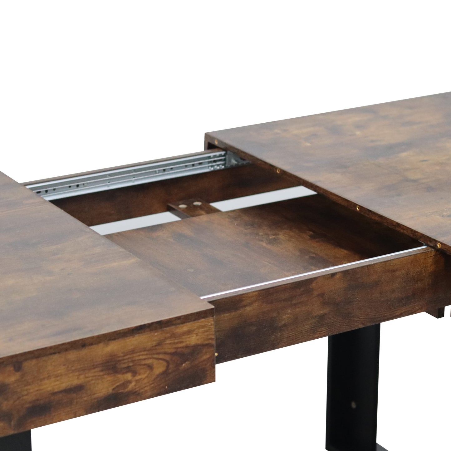 Dark brown rustic wood dining table with extension leaf mechanism