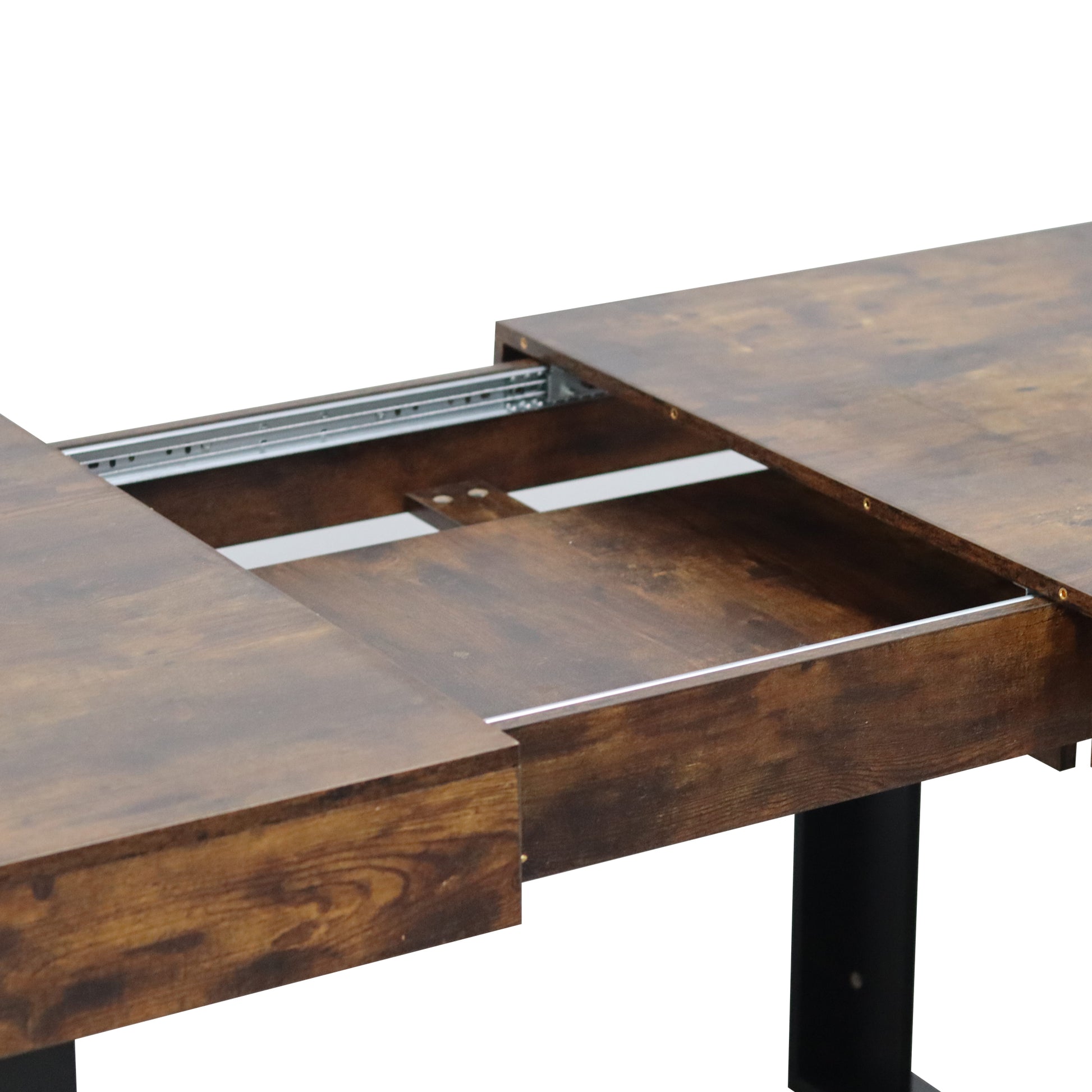 Dark brown rustic wood dining table with extension leaf mechanism