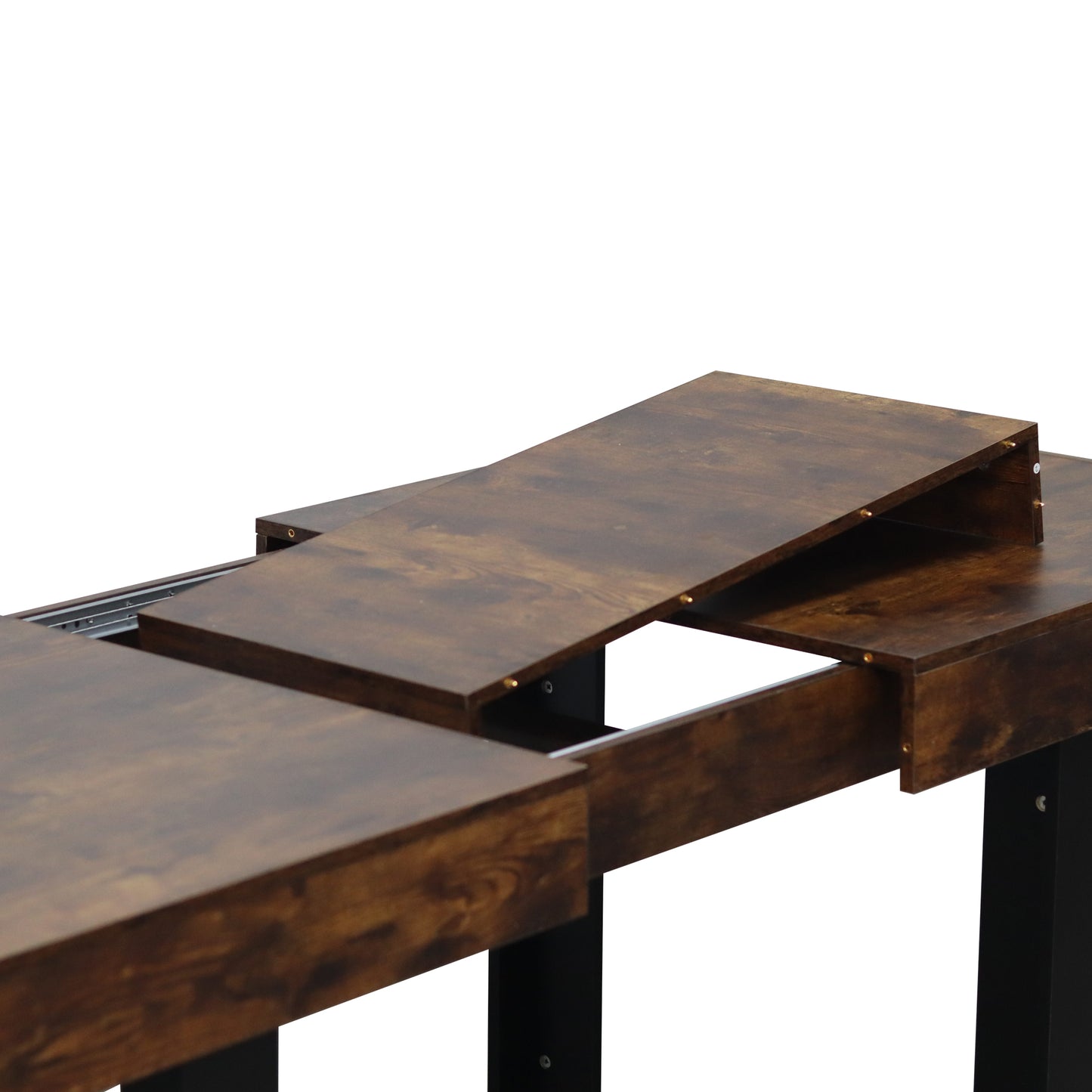 Dark wood extending dining table with metal slide mechanism
