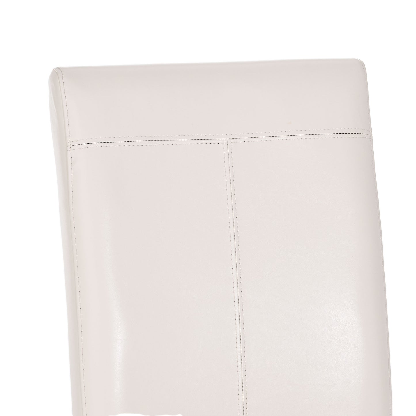 Closeup of a plush white leather dining chair back with subtle stitching