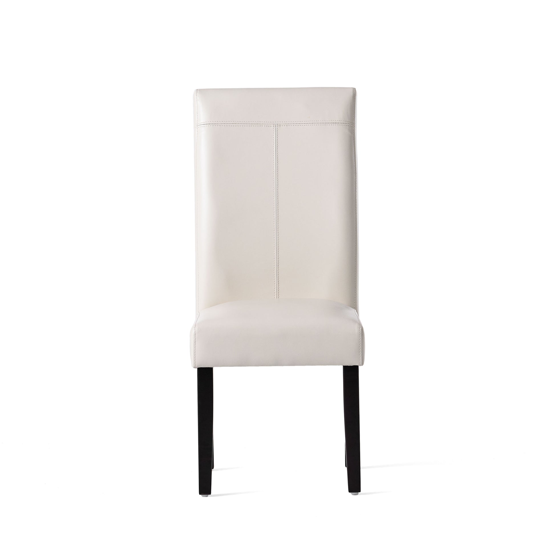 Cream upholstered dining chair with stitched back and dark wood legs