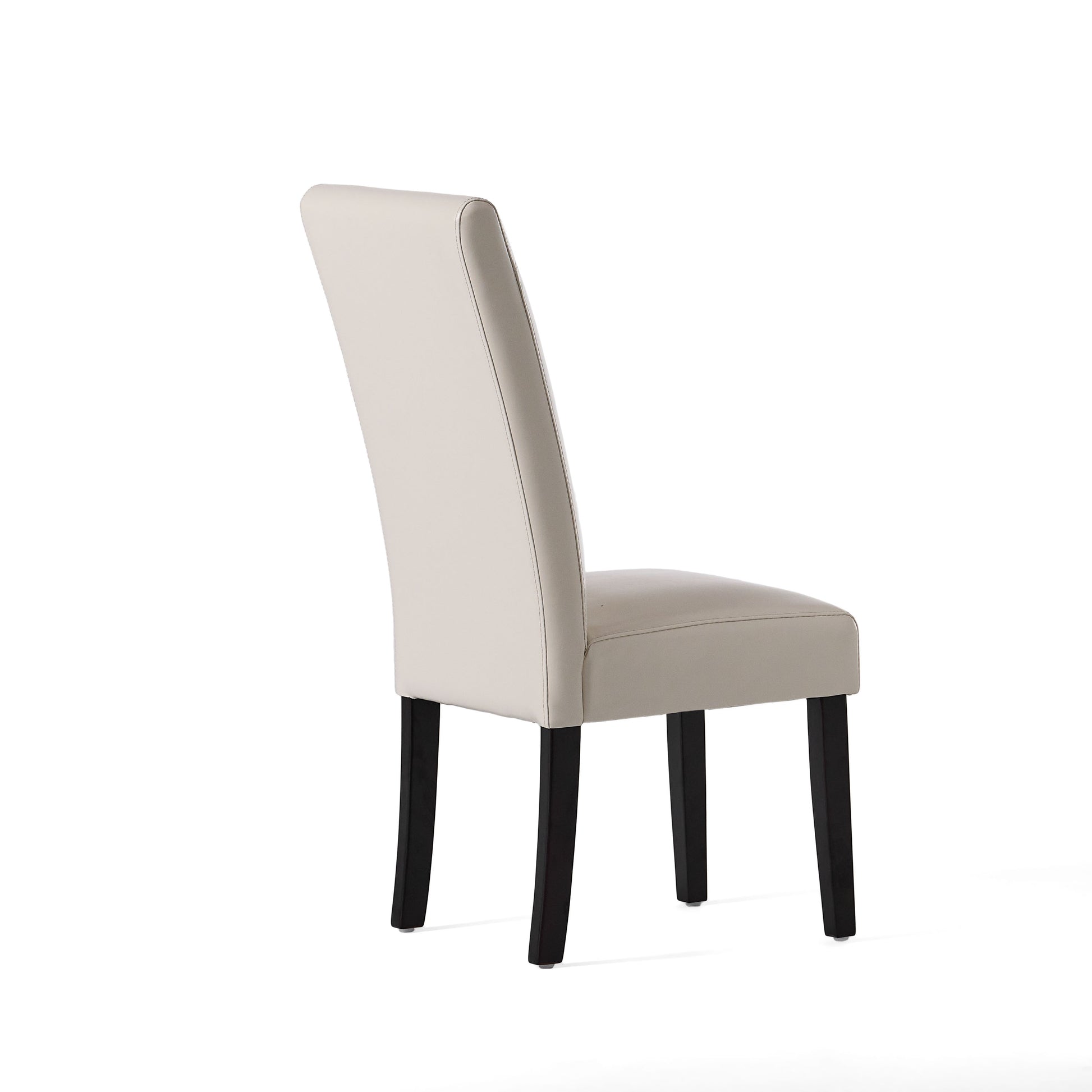 Beige upholstered dining chair with dark wood legs